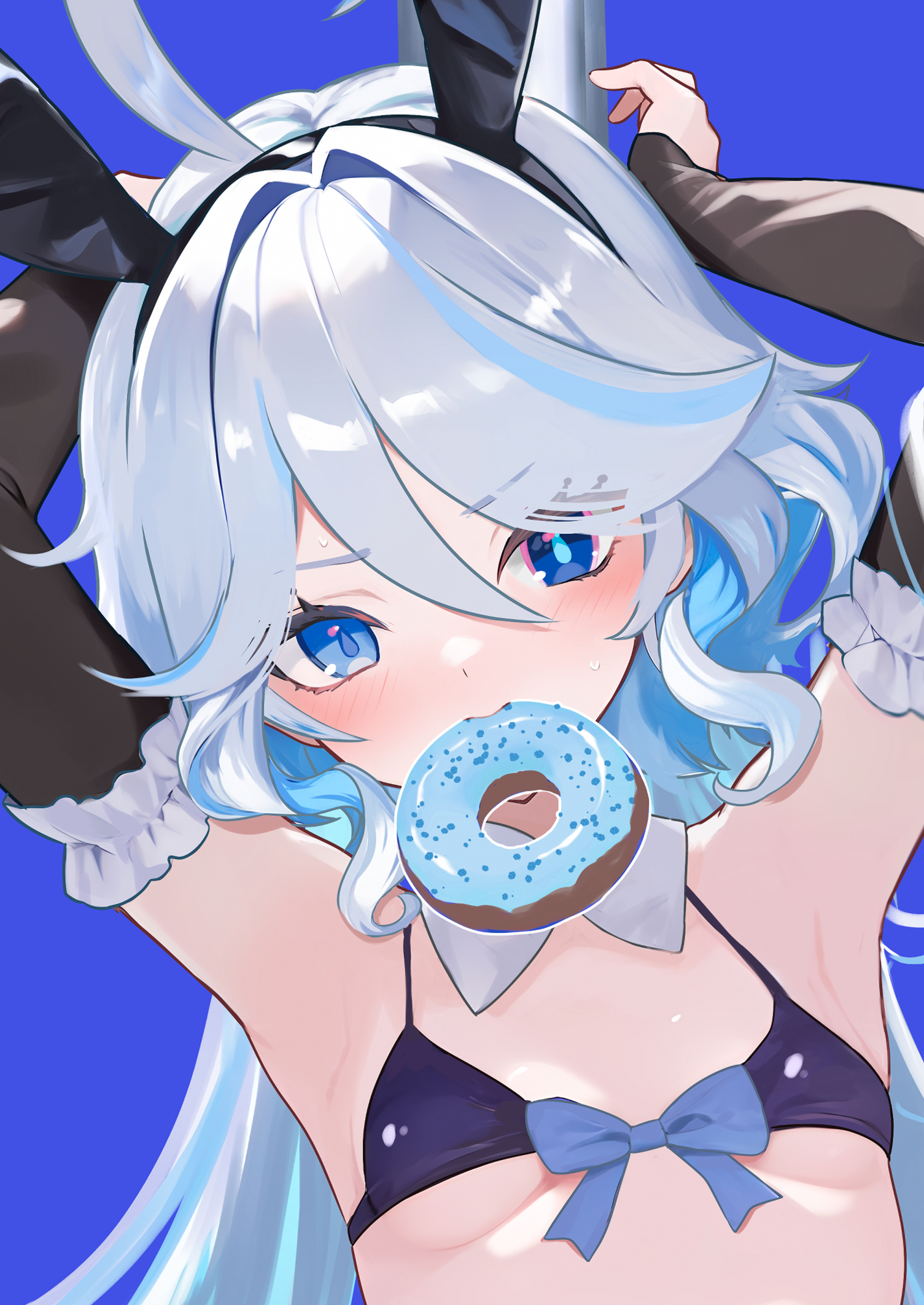 furina (genshin impact), genshin impact, commentary request, highres, 1girl, animal ears, armpits, arms up, bikini, black sleeves, blue background, blue bikini, blue eyes, blush, breasts, detached collar, detached sleeves, donut, drop-shaped pupils, eyelash ornament, fake animal ears, food, food in mouth, front-tie bikini top, front-tie top, grey hair, heterochromia, long hair, looking at viewer, rabbit ears, riku (rrr gns), small breasts, swimsuit, symbol-shaped pupils, upper body