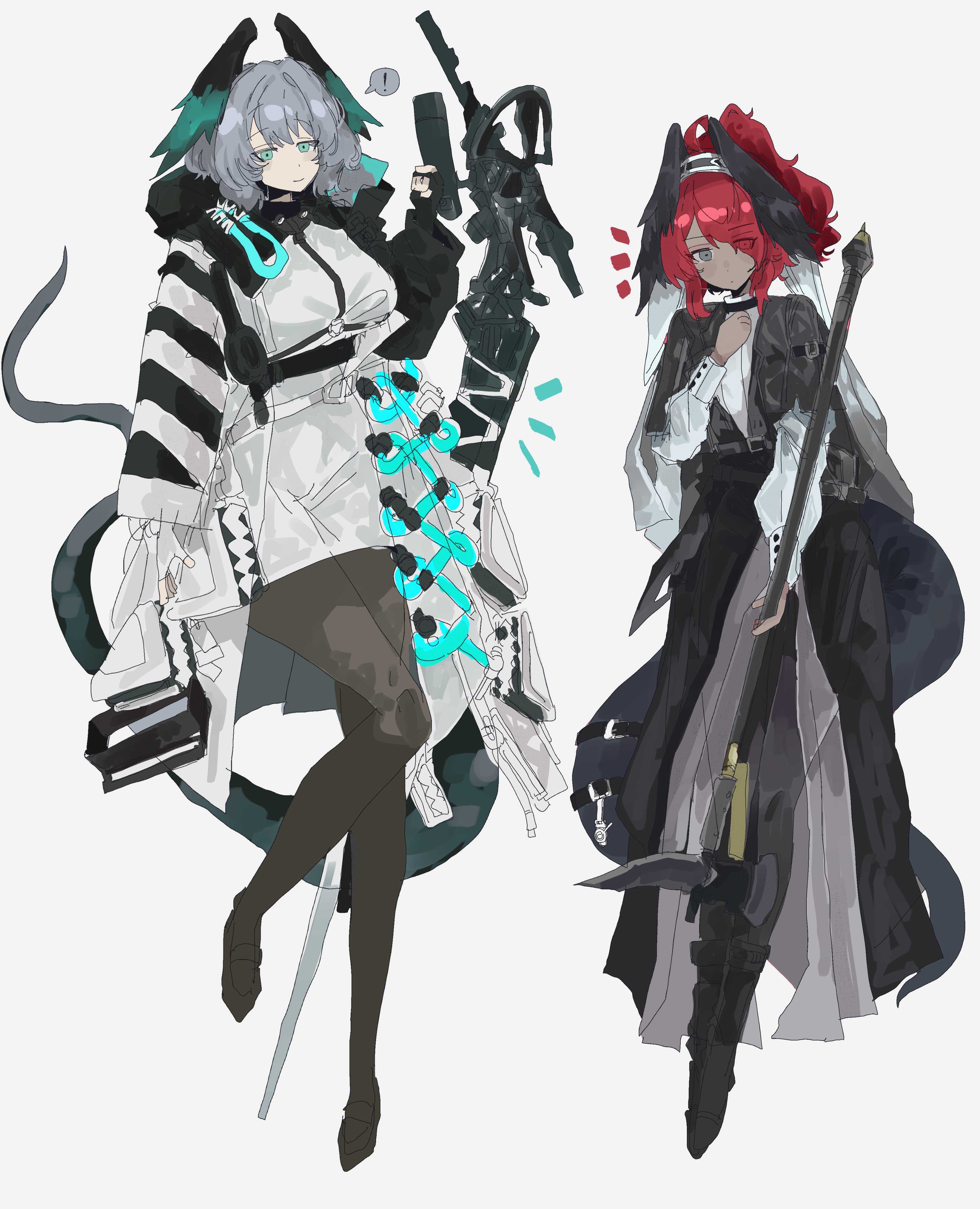 odmised, ho'olheyak (arknights), arknights, absurdres, highres, !, 2girls, between breasts, bird girl, black capelet, black dress, breasts, capelet, coat, dark-skinned female, dark skin, dress, feathered wings, fingerless gloves, gloves, gracebearer (arknights), grey hair, hair between eyes, hair over one eye, hammer, head wings, holding, holding hammer, holding staff, long hair, long sleeves, long tail, multicolored coat, multiple girls, open clothes, pantyhose, red hair, simple background, smile, snake tail, spoken exclamation mark, staff, strap between breasts, tail, two-tone coat, two-tone wings, very long tail, white dress, white gloves, wings