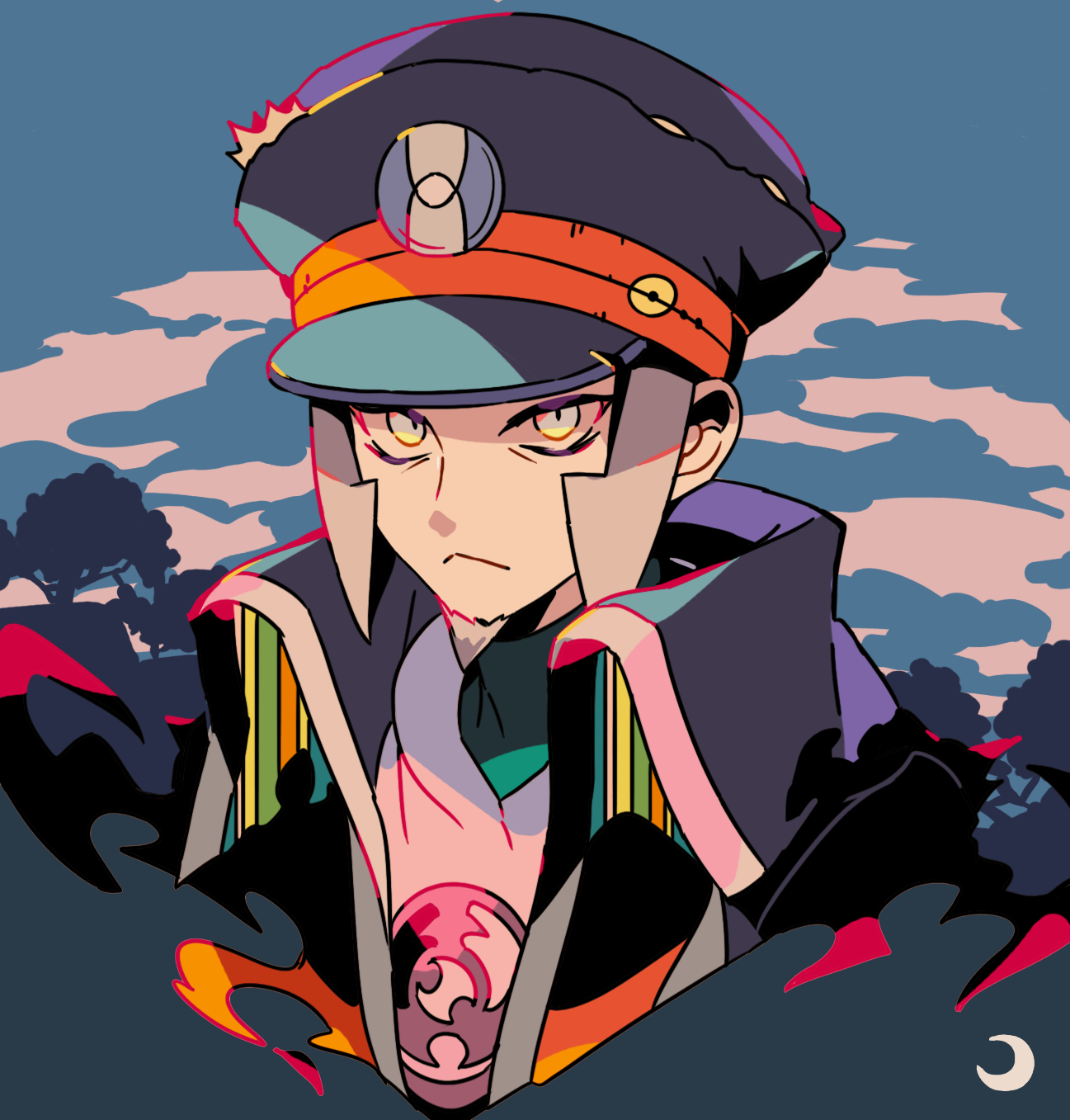 mizuki tsukimori, ingo (pokemon), nintendo, pokemon, pokemon legends: arceus, commentary request, highres, 1boy, black hat, closed mouth, cloud, crescent moon, facial hair, frown, goatee, grey hair, hat, high collar, looking at viewer, male focus, moon, pokemon (creature), solo, yellow eyes