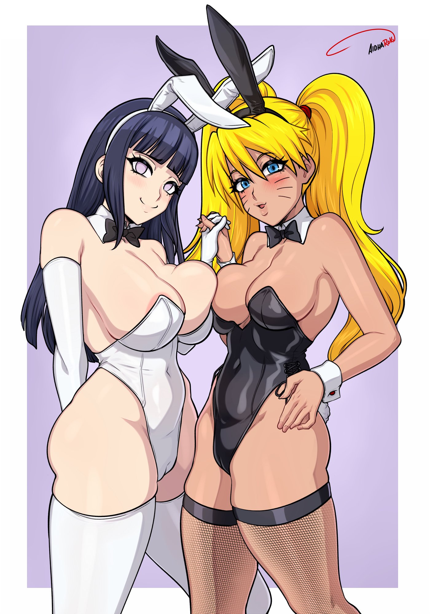aldharoku, hyuuga hinata, naruko (naruto), naruto (series), naruto shippuuden, highres, 2girls, animal ears, bare shoulders, black bow, black bowtie, black leotard, blonde hair, bow, bowtie, breasts, brown thighhighs, cameltoe, cleavage, cowboy shot, detached collar, elbow gloves, fake animal ears, fake tail, fishnet thighhighs, fishnets, gloves, large breasts, leotard, long hair, multiple girls, pink background, playboy bunny, rabbit ears, rabbit tail, shiny skin, smile, tail, thighhighs, twintails, white background, white leotard, white thighhighs, wrist cuffs