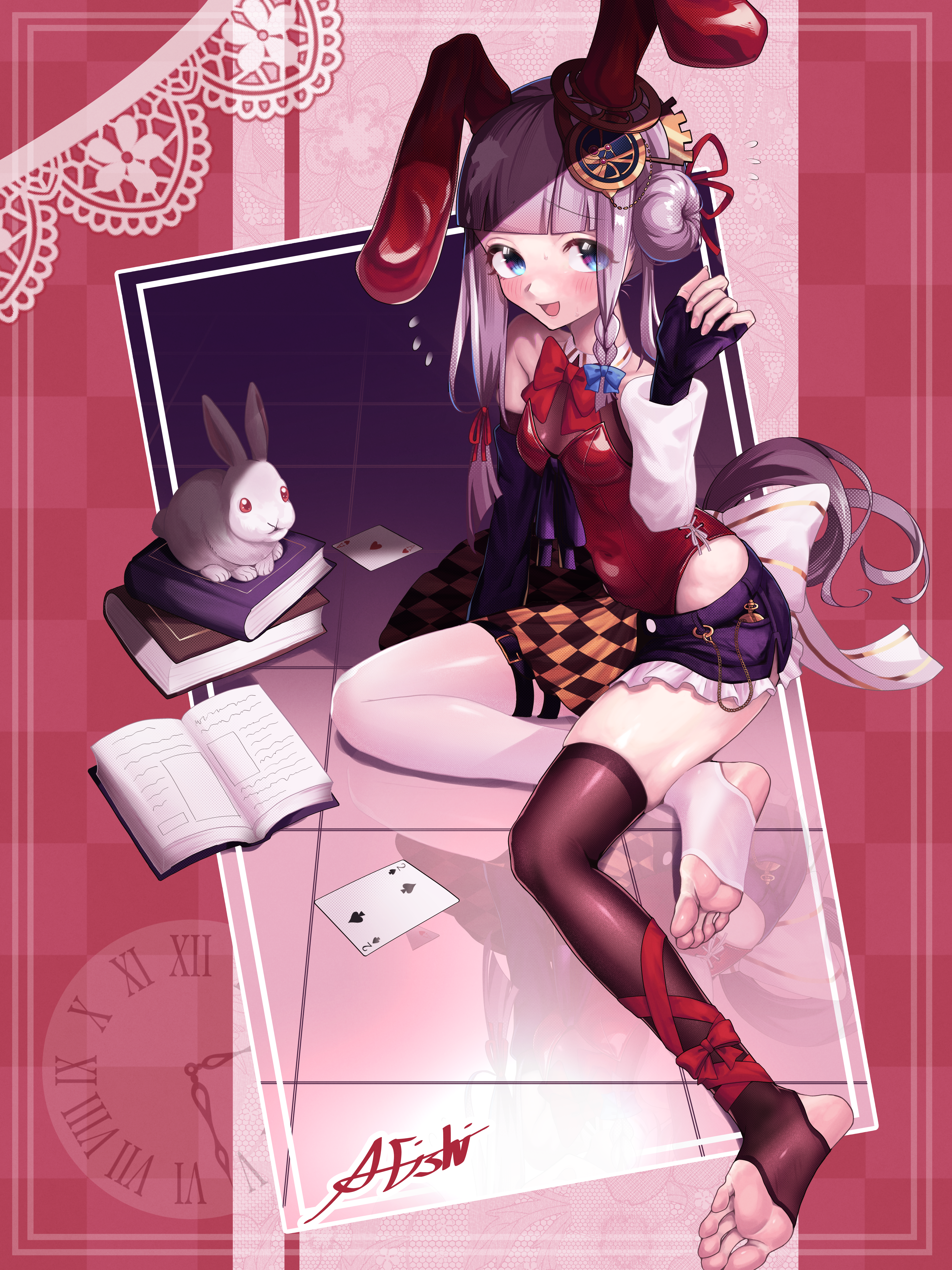 a4 (a4 eishi), chrono genesis (umamusume), alice's adventures in wonderland, umamusume, absurdres, highres, 1girl, alternate costume, animal ears, asymmetrical legwear, asymmetrical skirt, asymmetrical sleeves, black gloves, black thighhighs, blue eyes, blunt bangs, blush, book, bow, bowtie, breasts, bunny day, card, detached sleeves, ear ornament, fake animal ears, feet, fingerless gloves, gloves, grey hair, hair bun, hair ribbon, horse girl, leotard, miniskirt, mismatched legwear, mismatched sleeves, no shoes, open mouth, playboy bunny, playing card, rabbit, rabbit ears, red bow, red bowtie, red ribbon, ribbon, signature, skirt, small breasts, solo, stirrup legwear, thighhighs, toeless legwear, white thighhighs