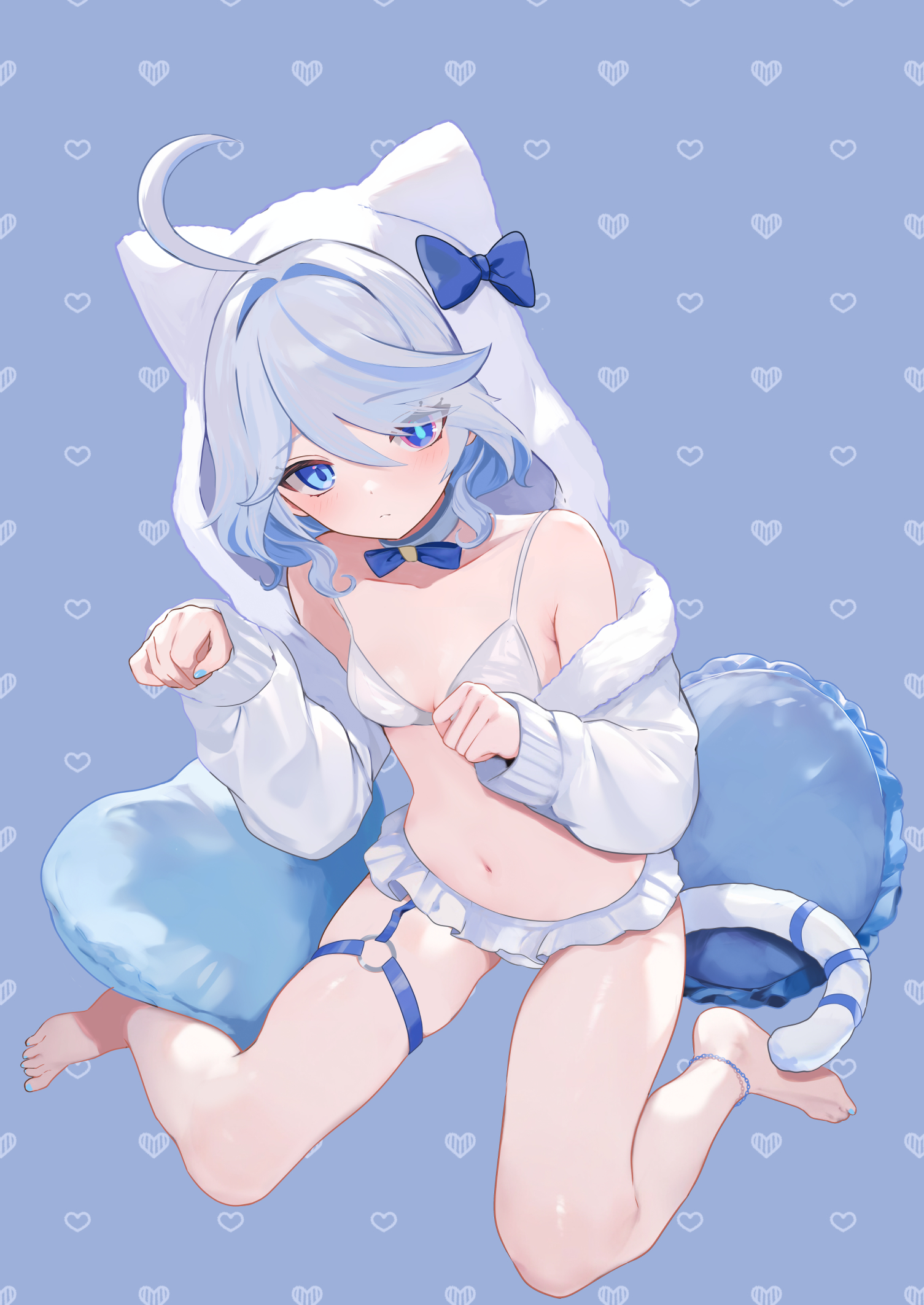 furina (genshin impact), comiket 104, genshin impact, commentary request, highres, 1girl, ahoge, alternate costume, animal ear hood, bikini, blue background, blue eyes, blue hair, blue nails, blush, breasts, collar, collarbone, double-parted bangs, fake animal ears, frilled bikini, frills, full body, hair between eyes, hair intakes, heart, heart background, heterochromia, hood, hooded jacket, jacket, long hair, long sleeves, looking at viewer, multicolored hair, nail polish, navel, open clothes, open jacket, patterned background, pout, riku (rrr gns), sidelocks, sitting, small breasts, solo, stomach, streaked hair, swimsuit, thigh strap, white bikini