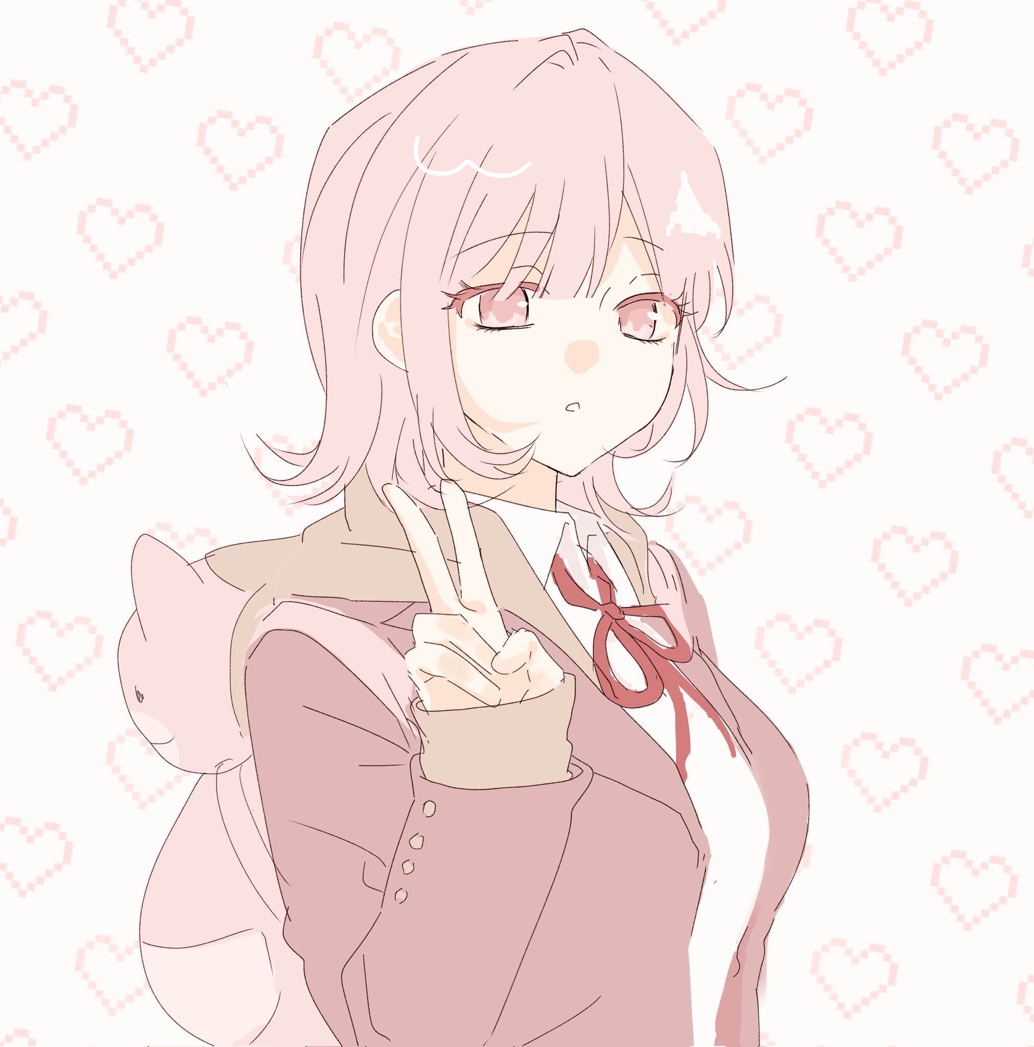nyo (nyulo09), nanami chiaki, danganronpa (series), danganronpa 3 (anime), highres, 1girl, :o, animal bag, brown hair, brown jacket, cat bag, collared shirt, hand up, heart, hope's peak academy school uniform, jacket, long sleeves, neck ribbon, open clothes, open jacket, pink bag, pink eyes, red ribbon, ribbon, school uniform, shirt, short hair, solo, upper body, v, white shirt