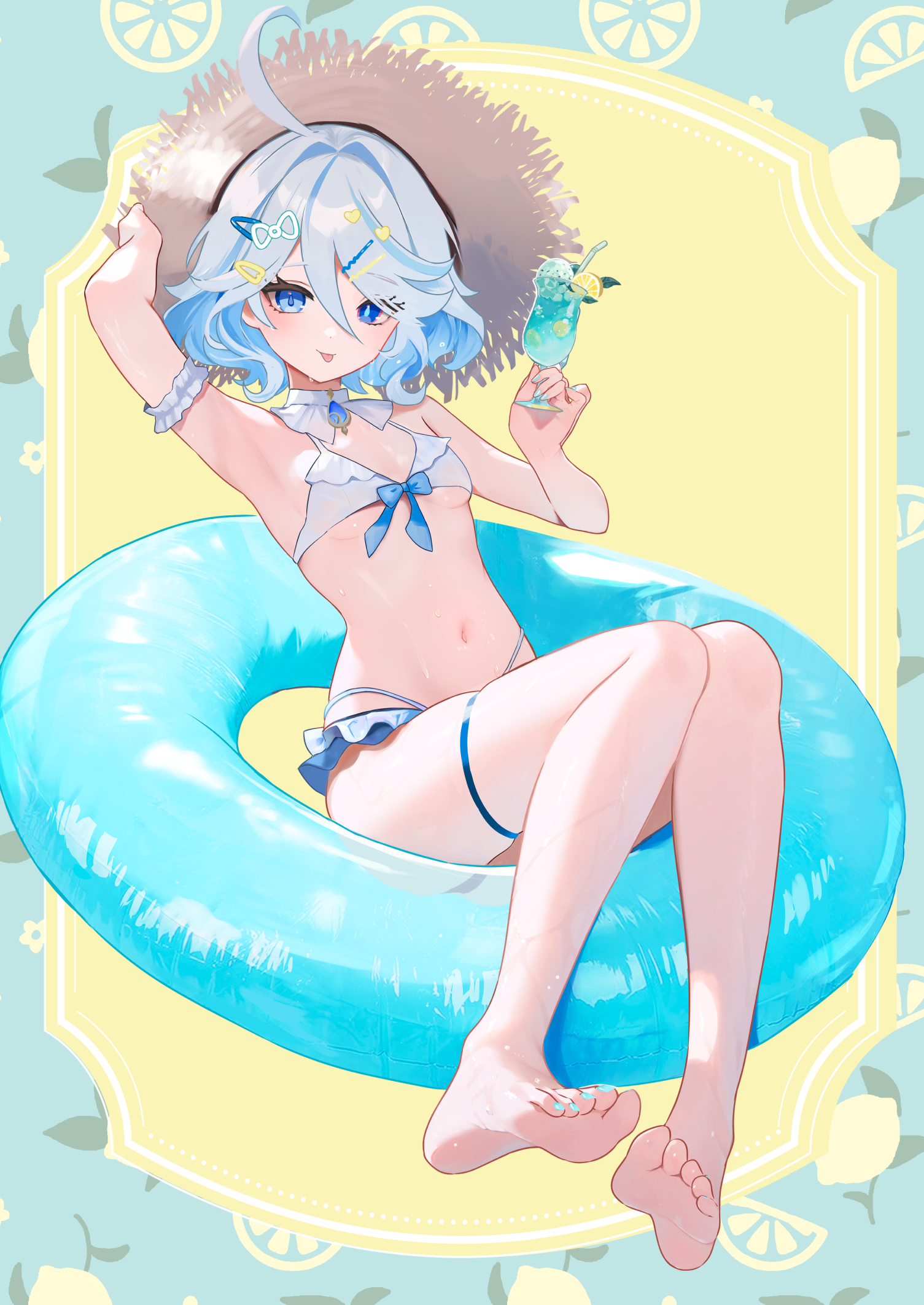 furina (genshin impact), genshin impact, fluffy hair, commentary request, highres, 1girl, :q, adjusting clothes, adjusting headwear, alternate costume, arm scrunchie, arm up, armpits, barefoot, bikini, blue eyes, blue gemstone, blue hair, breasts, drop-shaped pupils, feet, food, frilled bikini, frills, front-tie bikini top, front-tie top, full body, gem, hair ornament, hairpin, hat, heart, heart hair ornament, heterochromia, holding, holding food, holding popsicle, innertube, looking at viewer, midriff, nail polish, navel, popsicle, riku (rrr gns), short hair, small breasts, soles, solo, straw hat, striped background, sun hat, swim ring, swimsuit, symbol-shaped pupils, thigh strap, toenail polish, toenails, toes, tongue, tongue out, wavy hair, wet, white hair