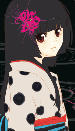 enma ai, jigoku shoujo, lowres, 00s, black hair, japanese clothes, kimono, red eyes
