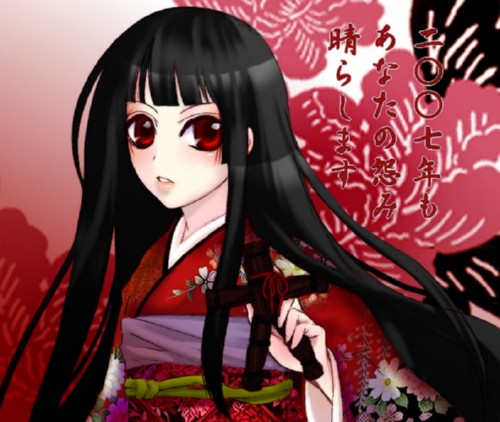 enma ai, jigoku shoujo, lowres, 00s, black hair, japanese clothes, kimono, red eyes