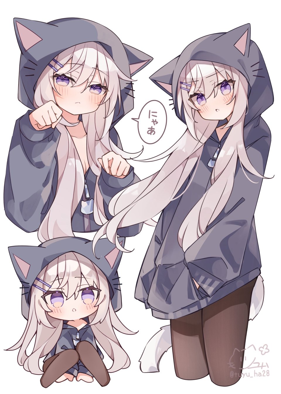 ringouulu, original, commentary request, highres, translated, 1girl, black pantyhose, blush, breasts, chibi, chibi only, cleavage, closed mouth, cropped legs, grey hair, grey hoodie, hair between eyes, hair ornament, hairclip, hood, hood up, hoodie, long hair, long sleeves, looking at viewer, no shoes, nyan, open mouth, pantyhose, parallel hairclips, paw pose, purple eyes, simple background, speech bubble, white background