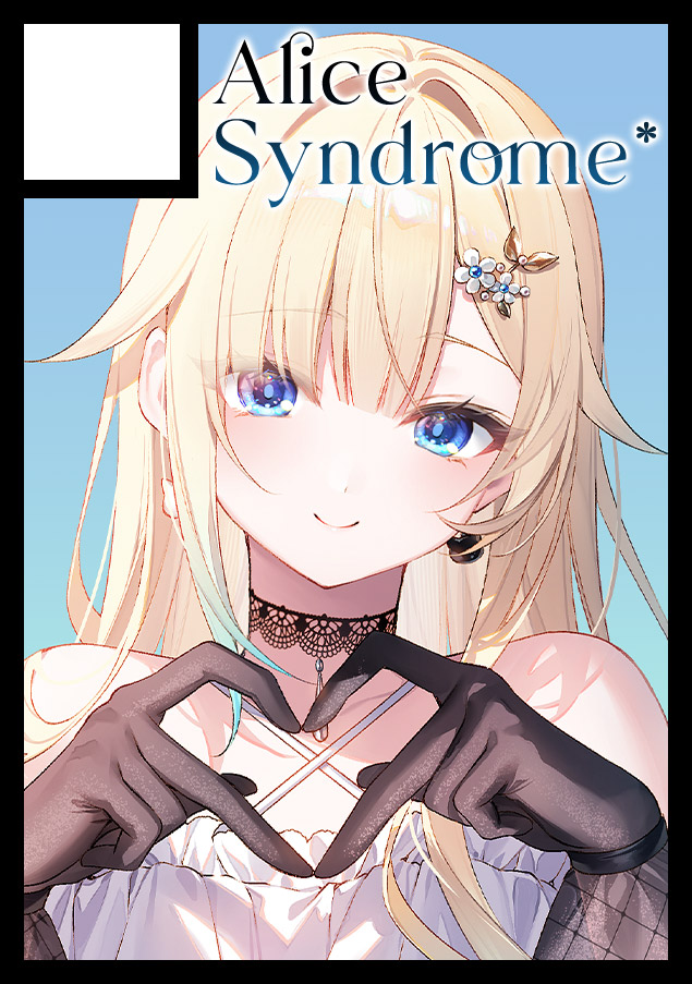 toosaka asagi, aizawa ema, aizawa ema (1st costume), vspo!, 1girl, aqua hair, bare shoulders, black choker, black gloves, blonde hair, blue eyes, choker, circle cut, closed mouth, comiket 107, earrings, english text, gloves, gradient hair, heart, heart hands, jewelry, long hair, looking at viewer, mismatched earrings, multicolored hair, simple background, smile, solo, teeth, upper teeth only, virtual youtuber