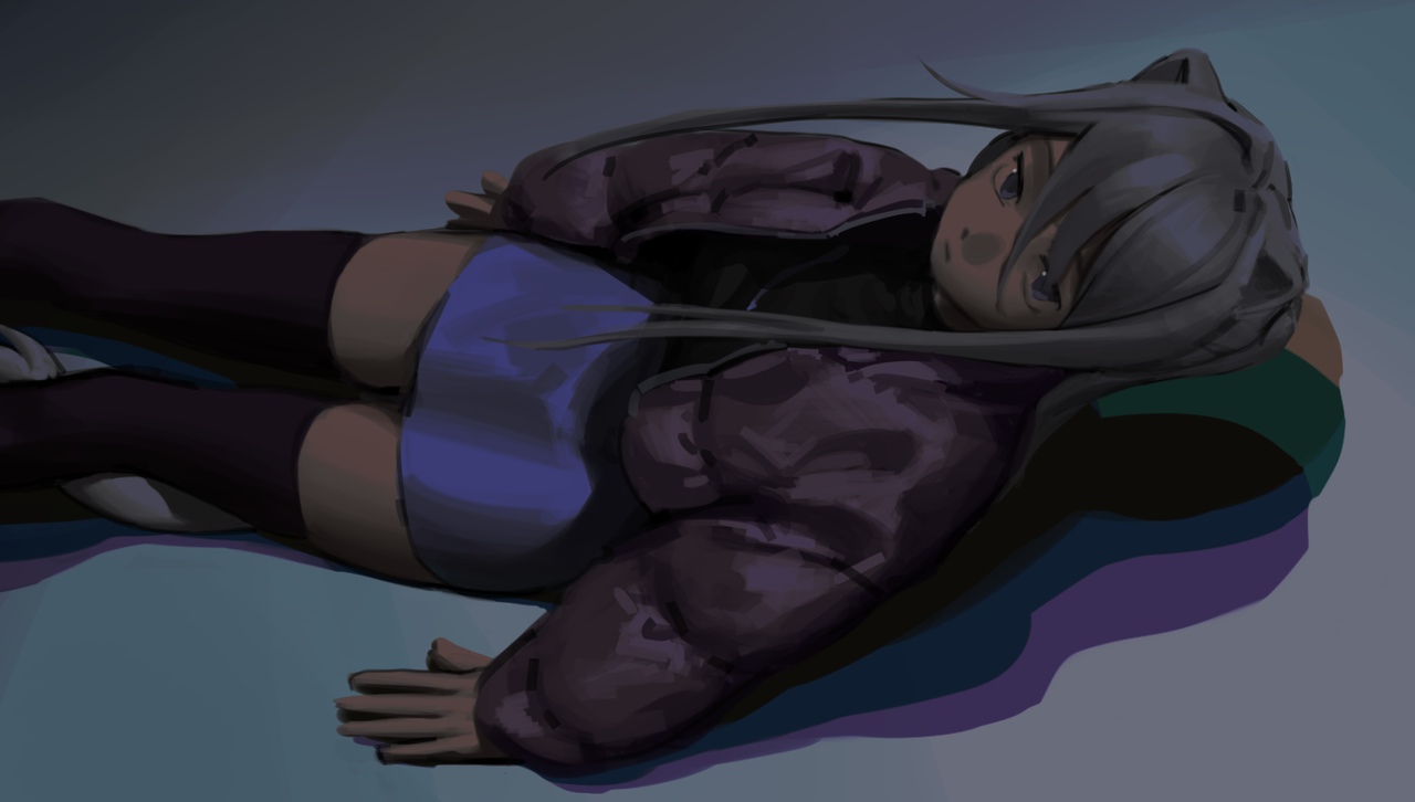tinaren15, original, 1girl, against wall, animal ears, blue eyes, blue skirt, cat ears, cat girl, cat tail, closed mouth, dark, expressionless, feet out of frame, from side, grey background, grey hair, leaning forward, long sidelocks, looking at viewer, pencil skirt, puffy-trimmed jacket, puffy sleeves, sidelocks, sideways, simple background, skirt, tail, thighhighs