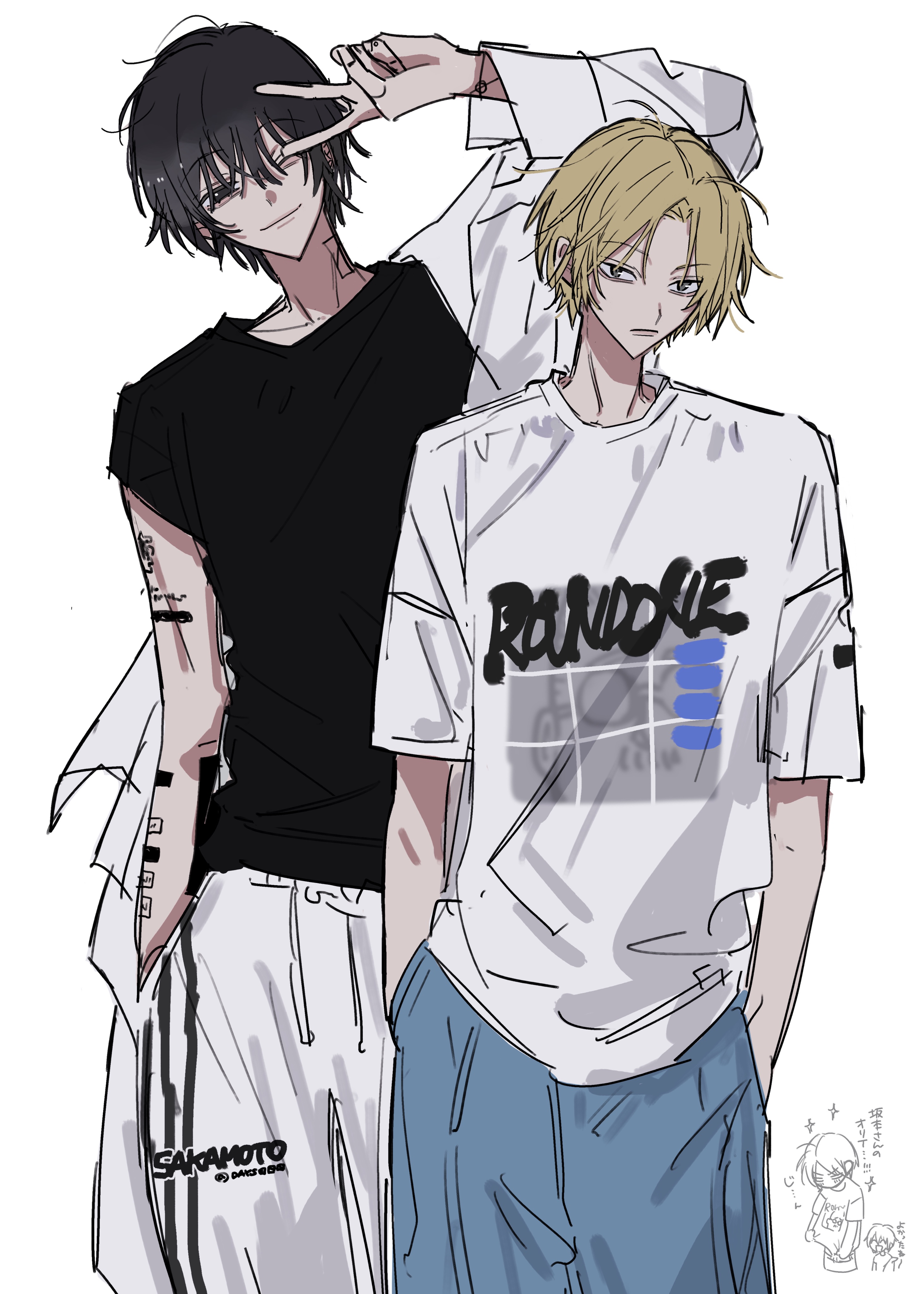 kesiks0616, nijisanji, absurdres, highres, 2boys, arm tattoo, black hair, blonde hair, chibi, chibi inset, closed mouth, cowboy shot, hair between eyes, hand in pocket, looking at viewer, male focus, multiple boys, neck tattoo, one eye closed, pants, shirt, short hair, short sleeves, simple background, sketch, sleeveless, t-shirt, tattoo, v, virtual youtuber, white background