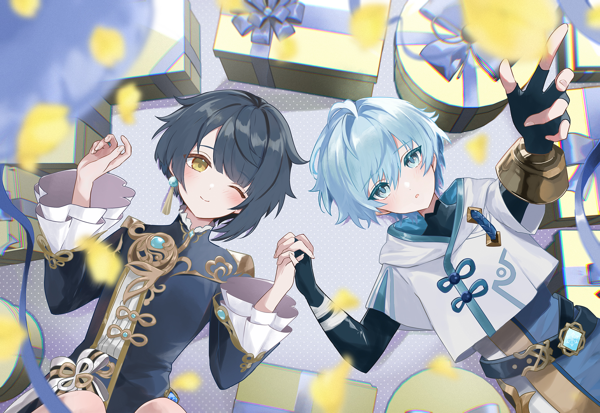 chongyun (genshin impact), xingqiu (genshin impact), genshin impact, commentary request, highres, 2boys, blue eyes, blue hair, blue shirt, blush, box, earrings, feet out of frame, fingerless gloves, from above, gift, gift box, gloves, holding hands, jewelry, looking at viewer, lying, male focus, multiple boys, on back, one eye closed, open mouth, outstretched arms, reaching, reaching towards viewer, riku (rrr gns), shirt, short hair, smile, white shirt, yellow eyes