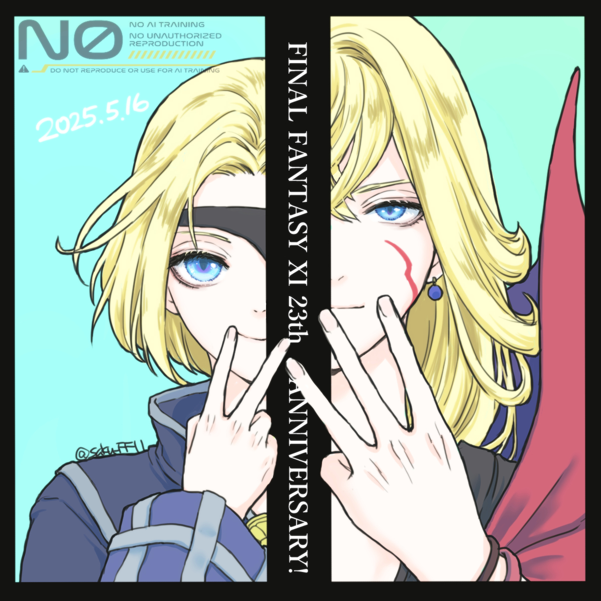 saku ff11, kam'lanaut, final fantasy, final fantasy xi, commentary request, highres, 2boys, anniversary, aqua background, blue eyes, brothers, copyright name, dated, eald'narche, earrings, eyepatch, facial mark, hair between eyes, jewelry, light smile, long hair, looking at viewer, male focus, multiple boys, outside border, portrait, short hair, siblings, smile, split screen, twitter username, v, w, watermark
