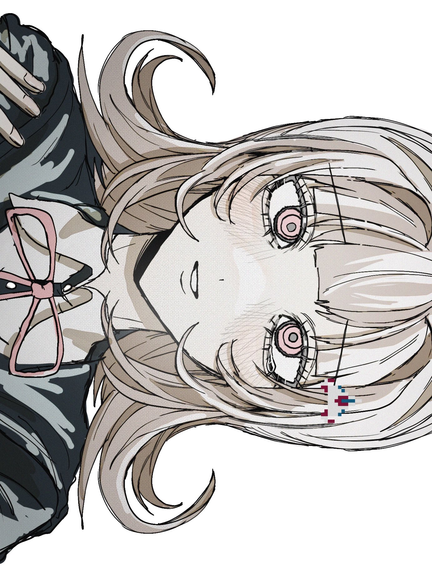 nanami chiaki, danganronpa (series), danganronpa 2: goodbye despair, highres, 1girl, black jacket, blush, dress shirt, flipped hair, grey background, hair ornament, jacket, medium hair, mu~u (payapaya1101), neck ribbon, pink eyes, pink ribbon, portrait, ribbon, shirt, simple background, solo, teeth, two-tone shirt