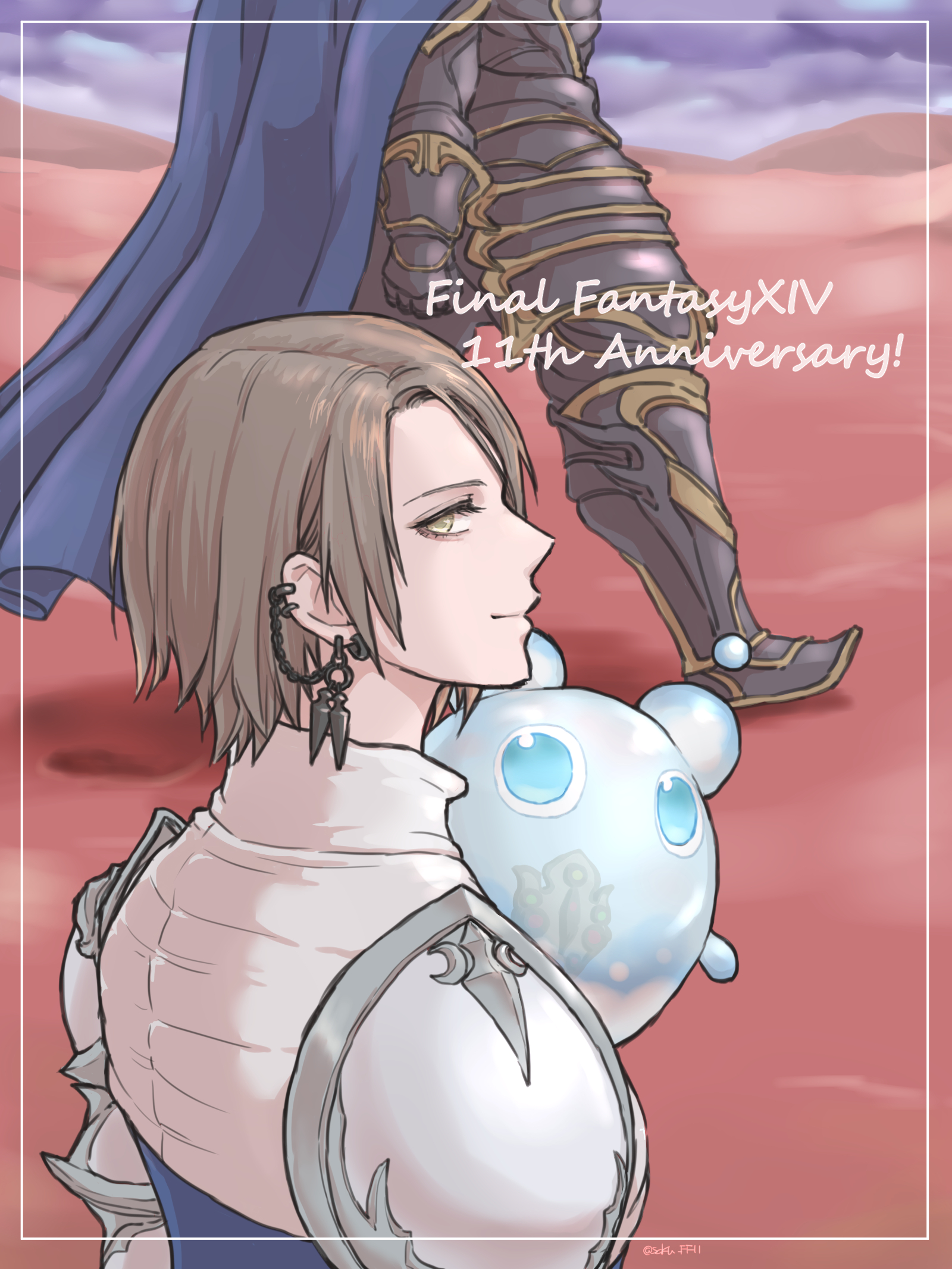saku ff11, golbez, nixie (ff14), zero (ff14), final fantasy, final fantasy xiv, highres, 1boy, 1girl, anniversary, armor, blue cape, brown hair, cape, copyright name, ear piercing, from side, looking at viewer, piercing, short hair, smile, solo focus, walking, yellow eyes