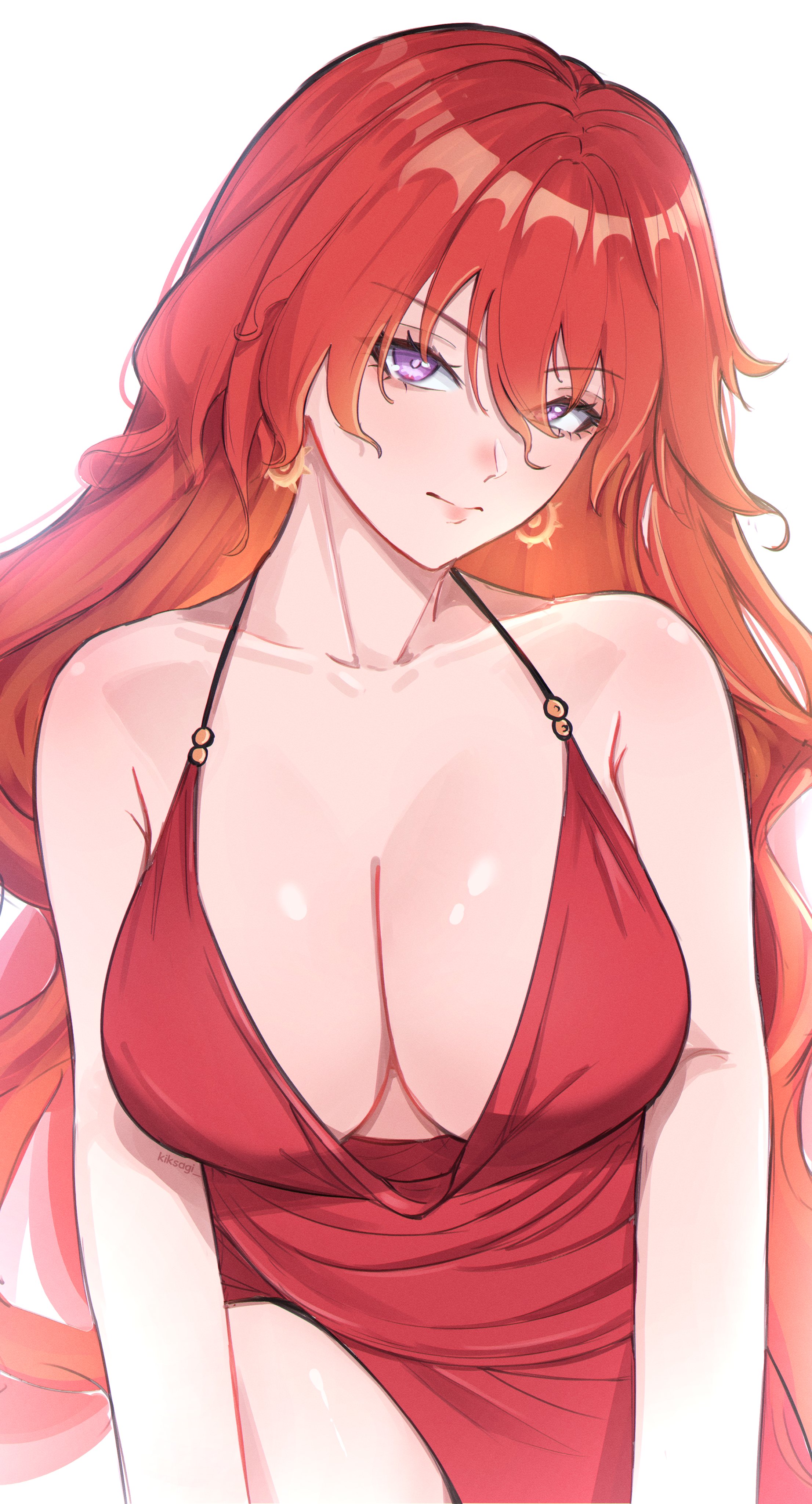 kisagii, augusta (wuthering waves), wuthering waves, absurdres, highres, 1girl, breasts, cleavage, collarbone, colored inner hair, dress, earrings, hair between eyes, jewelry, large breasts, long hair, looking at viewer, multicolored hair, orange hair, purple eyes, red dress, simple background, solo, sun earrings, upper body, very long hair, white background