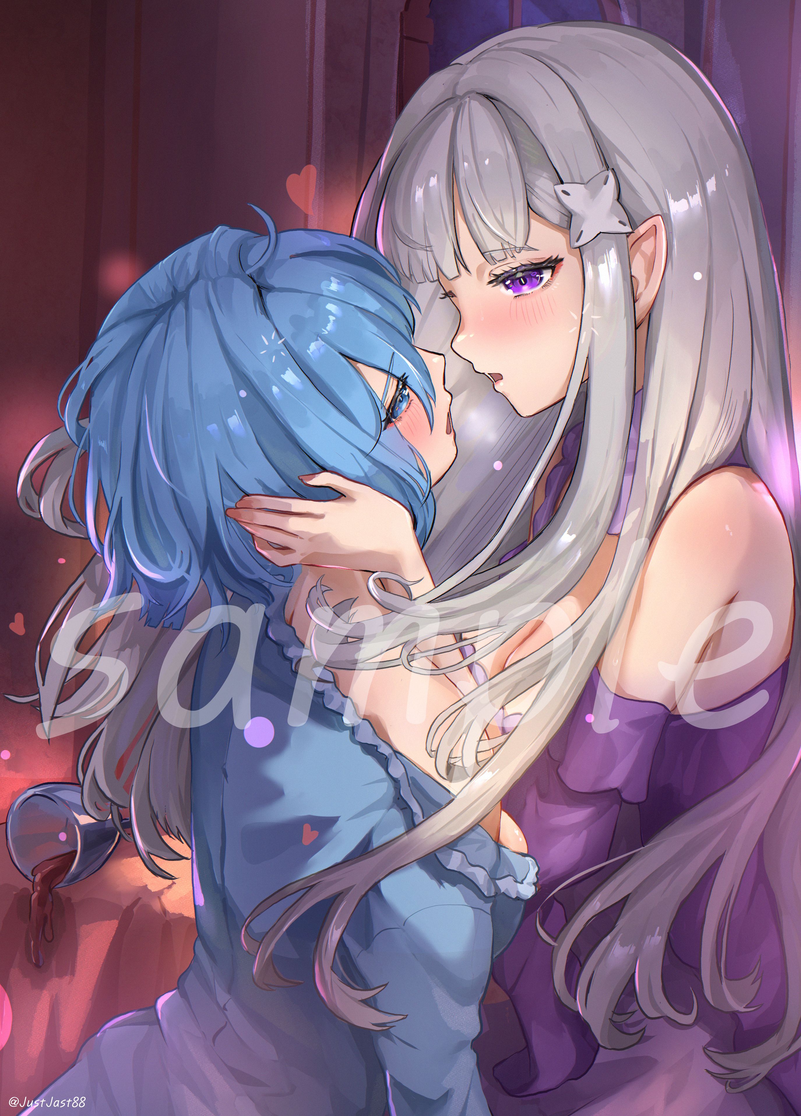 justjast, emilia (re:zero), rem (re:zero), re:zero kara hajimeru isekai seikatsu, absurdres, highres, 2girls, :o, alcohol, bare shoulders, blue dress, blush, cup, dress, drinking glass, eye contact, grey hair, hair ornament, long hair, looking at another, multiple girls, purple dress, purple eyes, sample watermark, shiny skin, single bare shoulder, spilled drink, upper body, watermark, wine, wine glass, yuri