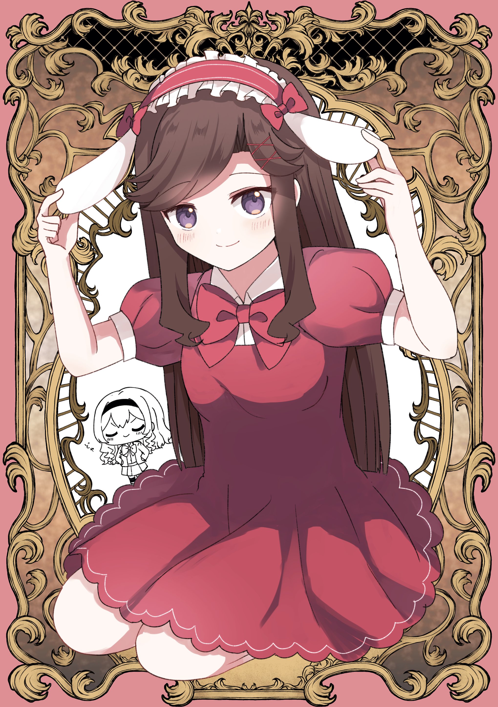 ringopai315, saijou claudine, tendou maya, shoujo kageki revue starlight, absurdres, commentary request, highres, >:), 2girls, animal ears, arms up, blush, border, bow, bowtie, brown hair, chibi, chibi inset, closed eyes, closed mouth, collared shirt, dress, fake animal ears, frilled hairband, frills, full body, hair bow, hairband, hand on own ear, hands on own hips, jacket, long hair, long sleeves, looking at viewer, miniskirt, multiple girls, open clothes, open jacket, ornate border, outside border, parted bangs, partially colored, pleated skirt, puffy short sleeves, puffy sleeves, purple eyes, rabbit ears, red background, red bow, red bowtie, red dress, red hairband, seishou music academy uniform, seiza, shirt, short sleeves, sidelocks, sitting, skirt, smile, standing, thighhighs, two-tone background, v-shaped eyebrows, very long hair, white background, white shirt