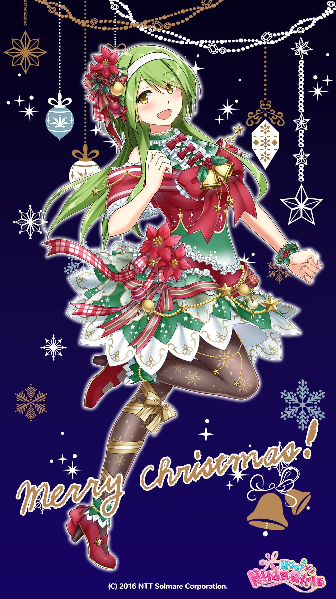 kashima nanao, moe! ninja girls, ntt solmare, highres, official art, 1girl, blush, christmas, christmas ornaments, christmas tree costume, company name, copyright notice, dress, full body, gradient background, green dress, green hair, high heels, long hair, looking at viewer, merry christmas, open mouth, pantyhose, red dress, santa costume, santa dress, solo, star (symbol), yellow eyes