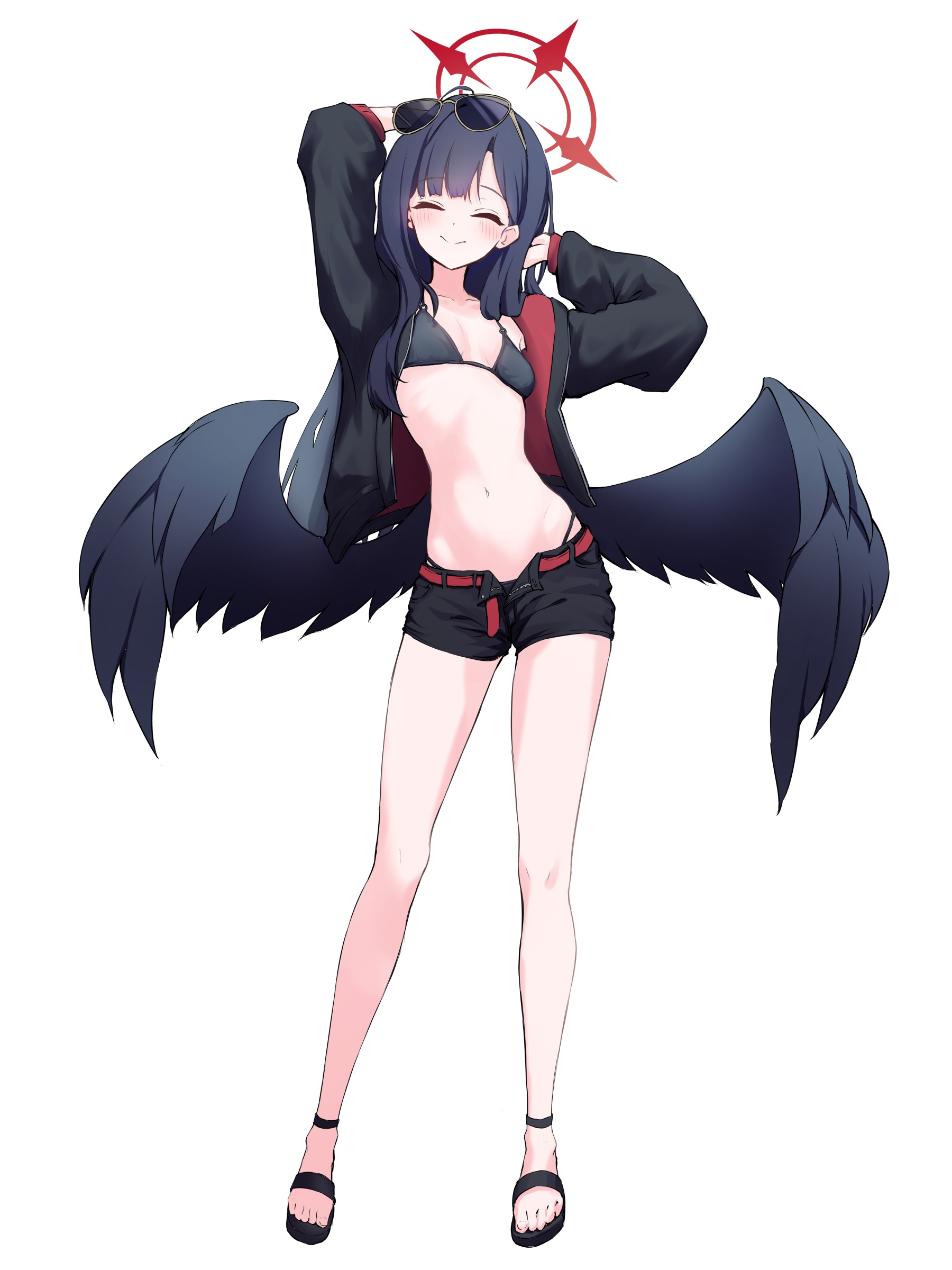 meluwow, ichika (blue archive), ichika (swimsuit) (blue archive), blue archive, absurdres, highres, 1girl, ^ ^, armpit peek, arms up, bare legs, bikini, bikini under shorts, black bikini, black hair, black jacket, black wings, blush, breasts, closed eyes, collarbone, eyewear on head, facing viewer, feathered wings, full body, halo, jacket, long hair, navel, official alternate costume, open clothes, open jacket, open shorts, sandals, shorts, simple background, small breasts, smile, solo, stomach, straight hair, sunglasses, swimsuit, two-sided fabric, two-sided jacket, very long hair, white background, wings