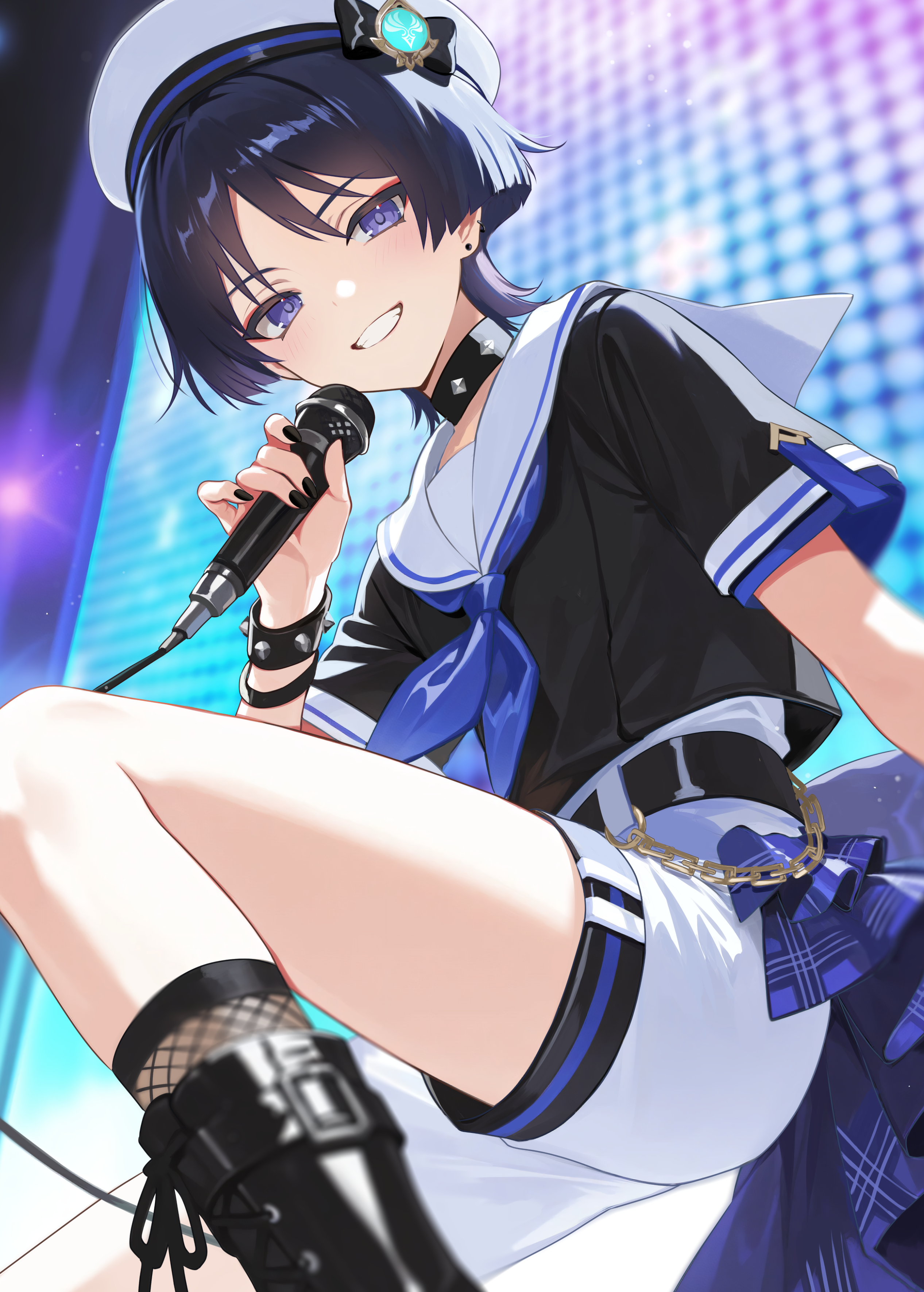 scaramouche (genshin impact), wanderer (genshin impact), genshin impact, absurdres, commentary request, highres, 1boy, alternate costume, anemo symbol (genshin impact), arm at side, belt, beret, black belt, black boots, black hair, black nails, black serafuku, black sleeves, blue gemstone, blue neckerchief, blue trim, blunt ends, blurry, blush, boots, bracelet, chain, choppy bangs, collar, contemporary, depth of field, ear piercing, earrings, eyeliner, eyeshadow, fishnet socks, fishnets, from below, gem, gold, gold chain, grin, hand up, hat, holding, holding microphone, idol, jewelry, knee up, lace-up boots, looking at viewer, makeup, male focus, microphone, neckerchief, piercing, purple eyes, purple pupils, red eyeliner, red eyeshadow, riku (rrr gns), sailor collar, school uniform, serafuku, short sleeves, shorts, smile, socks, solo, spiked bracelet, spiked collar, spikes, teeth, thigh focus, tsurime, vision (genshin impact), white hat, white sailor collar, white shorts