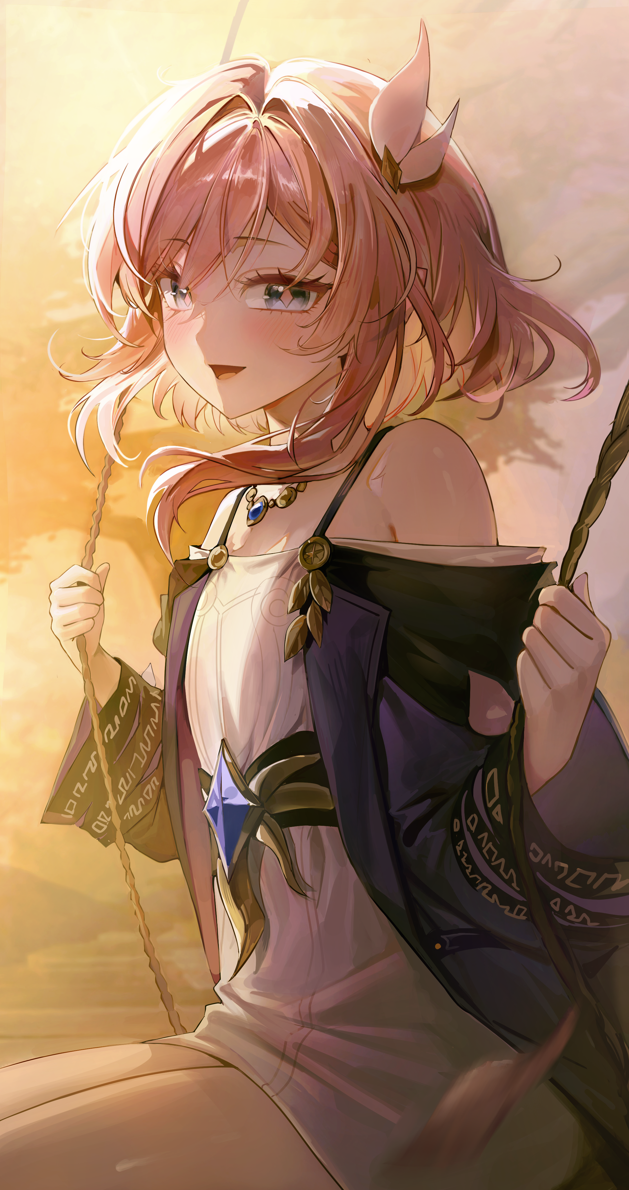 pibag, cyrene (honkai: star rail), honkai: star rail, honkai (series), absurdres, commentary, highres, 1girl, bare shoulders, blue eyes, breasts, coat, diamond-shaped pupils, diamond (shape), dress, evening, hair intakes, hair ornament, long sleeves, looking at viewer, medium hair, on swing, open mouth, pink hair, pink pupils, purple coat, sidelocks, small breasts, smile, solo, swing, swinging on swing, symbol-shaped pupils, thighs, white dress