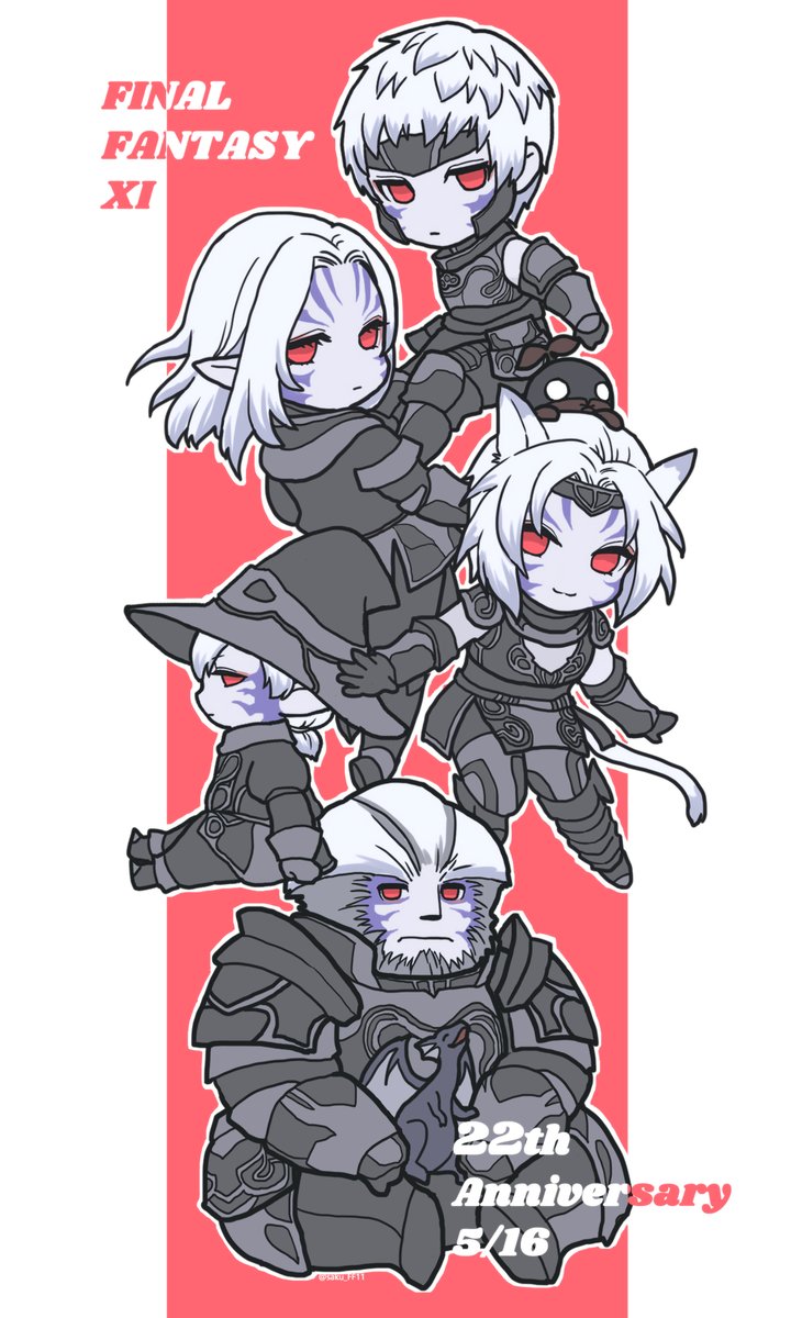 saku ff11, ark angel ev, ark angel mr, ark angel tt, elvaan, mithra (ff11), final fantasy, final fantasy xi, commentary request, highres, 2girls, 3boys, :3, animal ears, anniversary, ark angel gk, ark angel hm, armor, cat ears, cat girl, cat tail, chibi, chibi only, copyright name, elf, facial mark, forehead protector, frown, galka, hat, hume, medium hair, multiple boys, multiple girls, pointy ears, red eyes, short hair, sitting, tail, tarutaru, white hair, witch hat