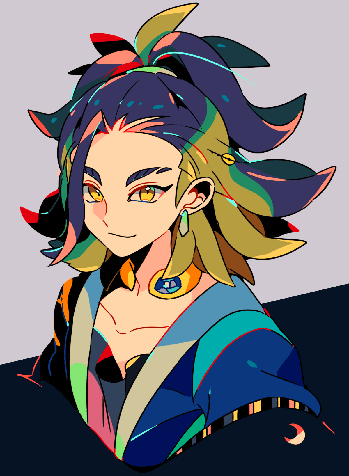 mizuki tsukimori, adaman (pokemon), nintendo, pokemon, pokemon legends: arceus, highres, 1boy, ahoge, closed mouth, earrings, grey background, jewelry, long hair, looking at viewer, male focus, multicolored hair, pokemon (creature), ponytail, smile, solo, two-tone hair, upper body, yellow eyes