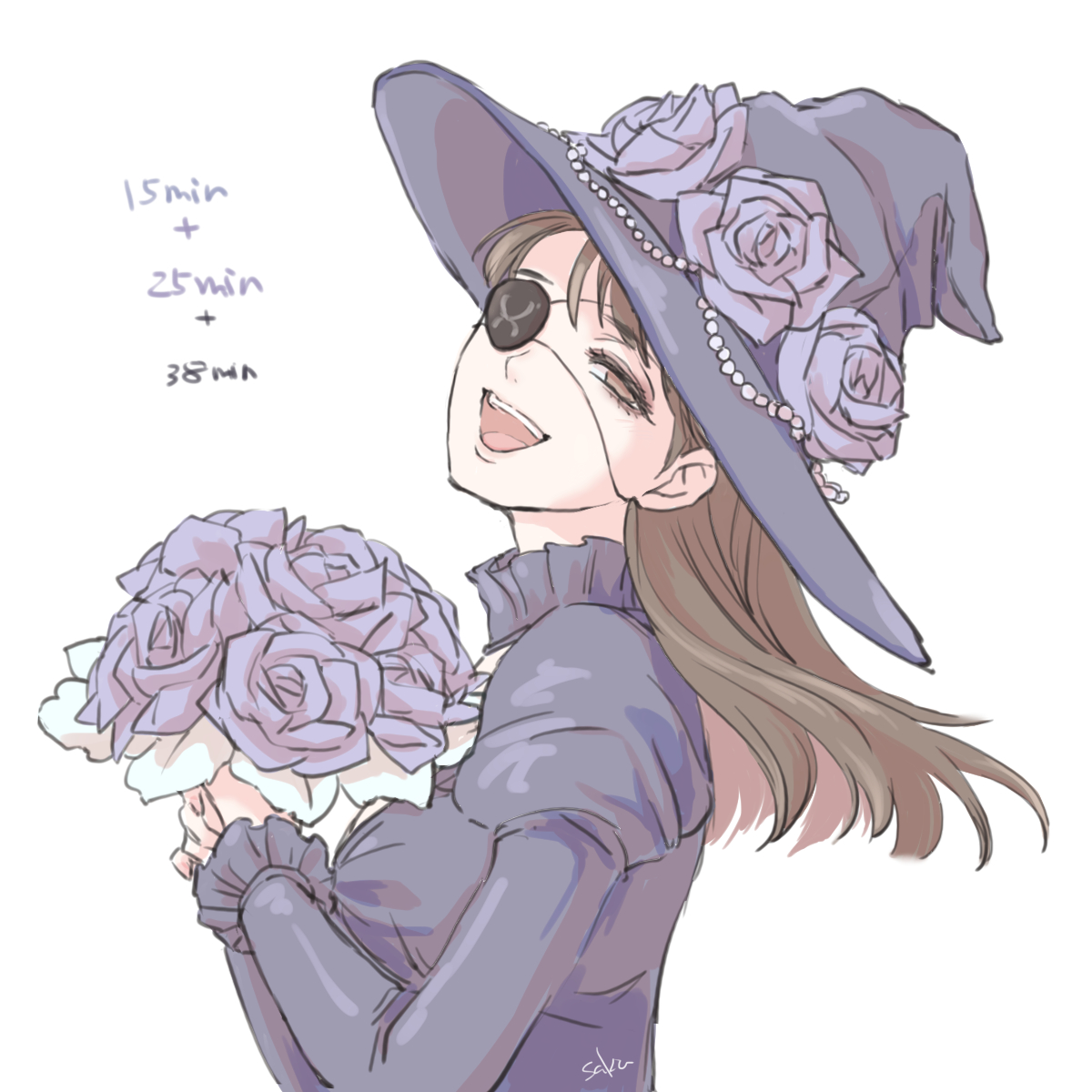 saku ff11, final fantasy, final fantasy xiv, commentary request, highres, 1girl, :d, bouquet, brown eyes, brown hair, edda blackbosom, eyepatch, flower, frilled sleeves, frills, from side, half-closed eyes, hat, holding, holding bouquet, long sleeves, looking at viewer, open mouth, purple flower, purple hat, purple rose, rose, simple background, smile, solo, teeth, upper body, upper teeth only, white background, witch hat