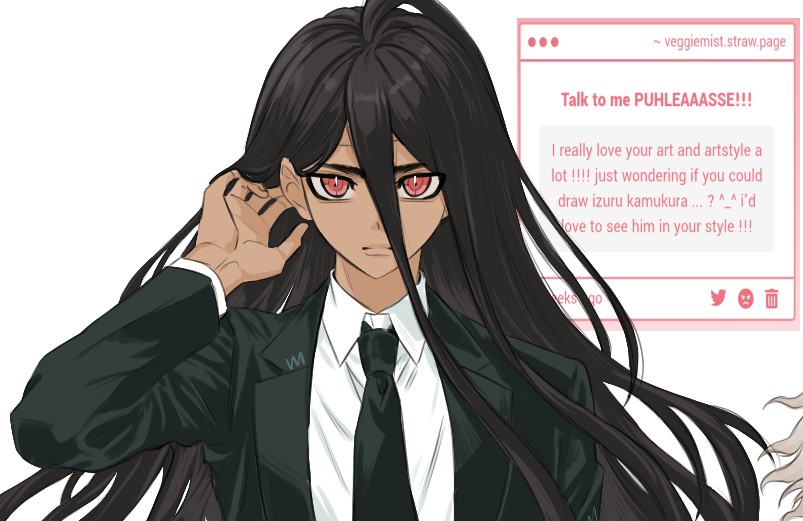 veggiemist, kamukura izuru, danganronpa (series), danganronpa 2: goodbye despair, 1boy, black hair, black jacket, black necktie, black suit, collared shirt, formal clothes, hand up, jacket, long hair, long sleeves, male focus, necktie, open clothes, open jacket, red eyes, request inset, shirt, solo, suit, white shirt