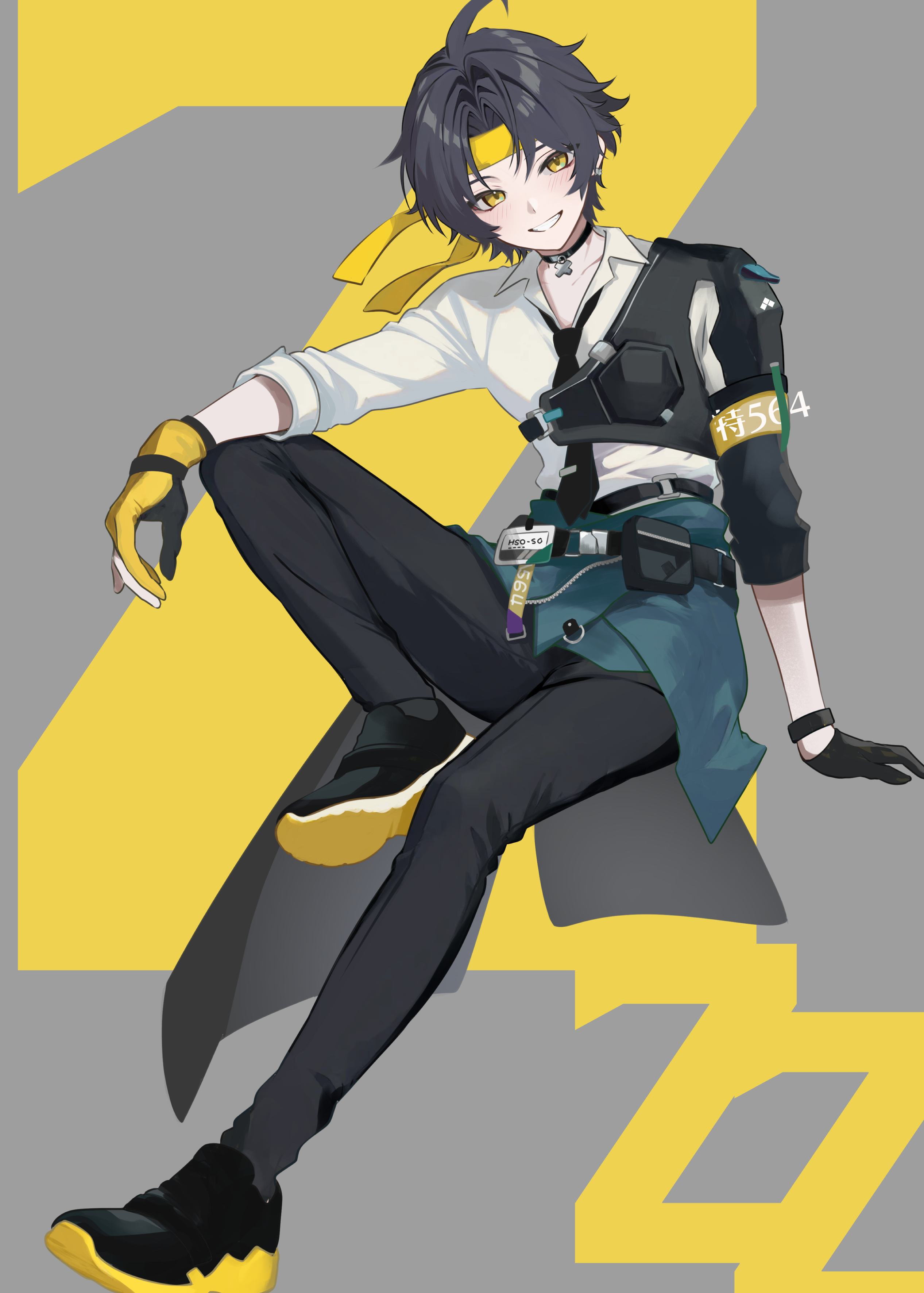 asaba harumasa, zenless zone zero, absurdres, commentary request, highres, 1boy, armor, black choker, black gloves, black hair, black necktie, black pants, black shoes, choker, clothes around waist, gloves, grey background, headband, looking at viewer, male focus, necktie, pants, riku (rrr gns), shirt, shoes, short hair, shoulder armor, simple background, smile, sneakers, solo, teeth, two-tone gloves, white shirt, yellow eyes, yellow gloves, yellow headband