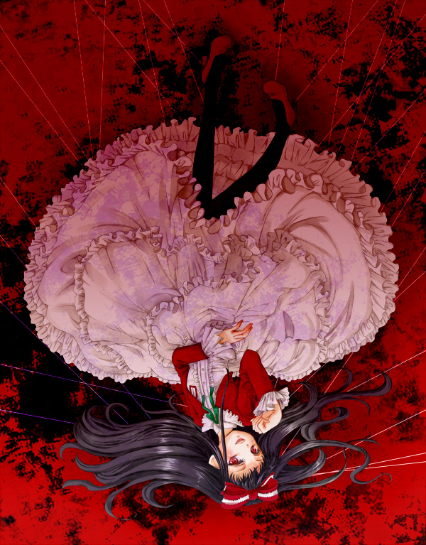vienetta ice, higanbana (higanbana no saku yoru ni), higanbana no saku yoru ni, 1girl, black hair, black pantyhose, blazer, blood, blood on hands, bow, buttons, dress, frills, green ribbon, hair bow, high heels, jacket, long hair, looking at viewer, lying, name tag, open mouth, pantyhose, red bow, red eyes, red jacket, red shoes, ribbon, shoes, smile, solo, thread, upside-down