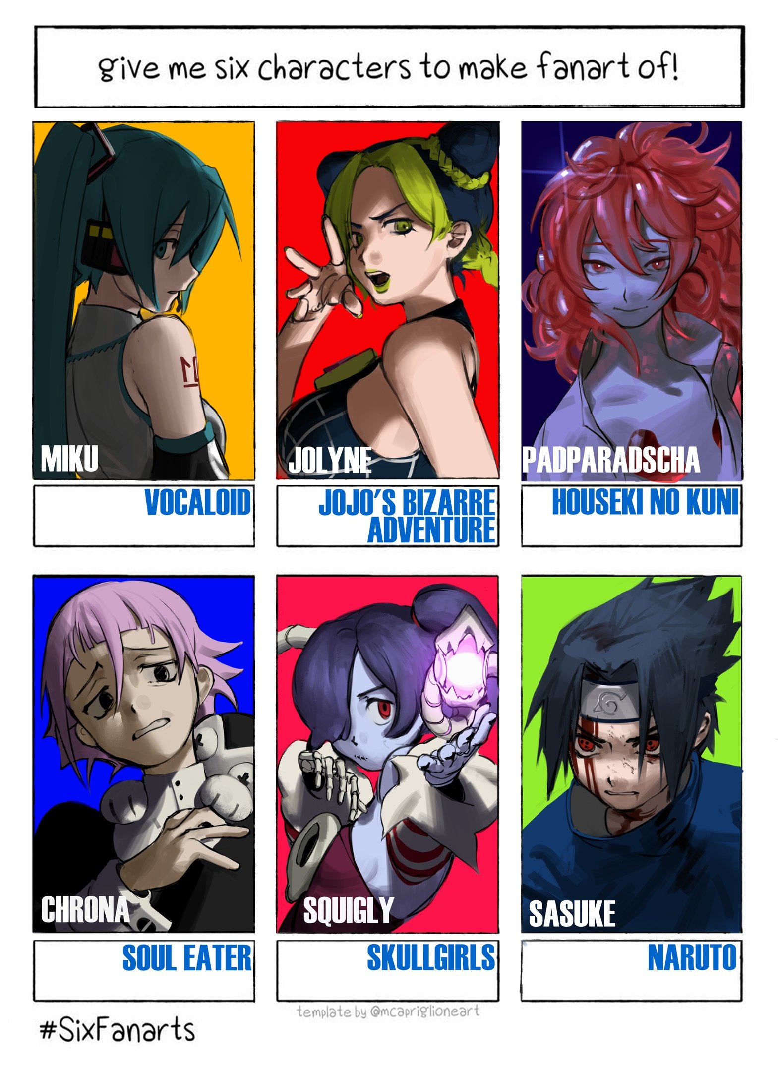tinaren15, crona (soul eater), hatsune miku, kuujou jolyne, padparadscha (houseki no kuni), squigly (skullgirls), stand (jojo), uchiha sasuke, houseki no kuni, jojo no kimyou na bouken, naruto (series), skullgirls, soul eater, vocaloid, highres, 1boy, 2others, 3girls, androgynous, aqua eyes, aqua hair, black sleeves, blood, blood on face, blue skin, bone, colored skin, cone hair bun, crystal hair, cuff links, detached sleeves, double bun, flak jacket, forehead protector, gem, green lips, grey shirt, hair bun, hair over one eye, headphones, headset, hole in chest, hole on body, jacket, konohagakure shinobi uniform, konohagakure symbol, long hair, looking at viewer, looking to the side, moon uniform (houseki no kuni), multicolored hair, multiple drawing challenge, multiple girls, multiple others, ninja, number tattoo, object through head, open clothes, open shirt, padparadscha (gemstone), portrait, red hair, sharingan, shirt, side ponytail, six fanarts challenge, skeletal arm, skeletal hand, skull, sleeve cuffs, spider web print, striped sleeves, tattoo, twintails, two-tone hair, very long hair, wavy hair, white sleeve cuffs, wispy bangs, zombie