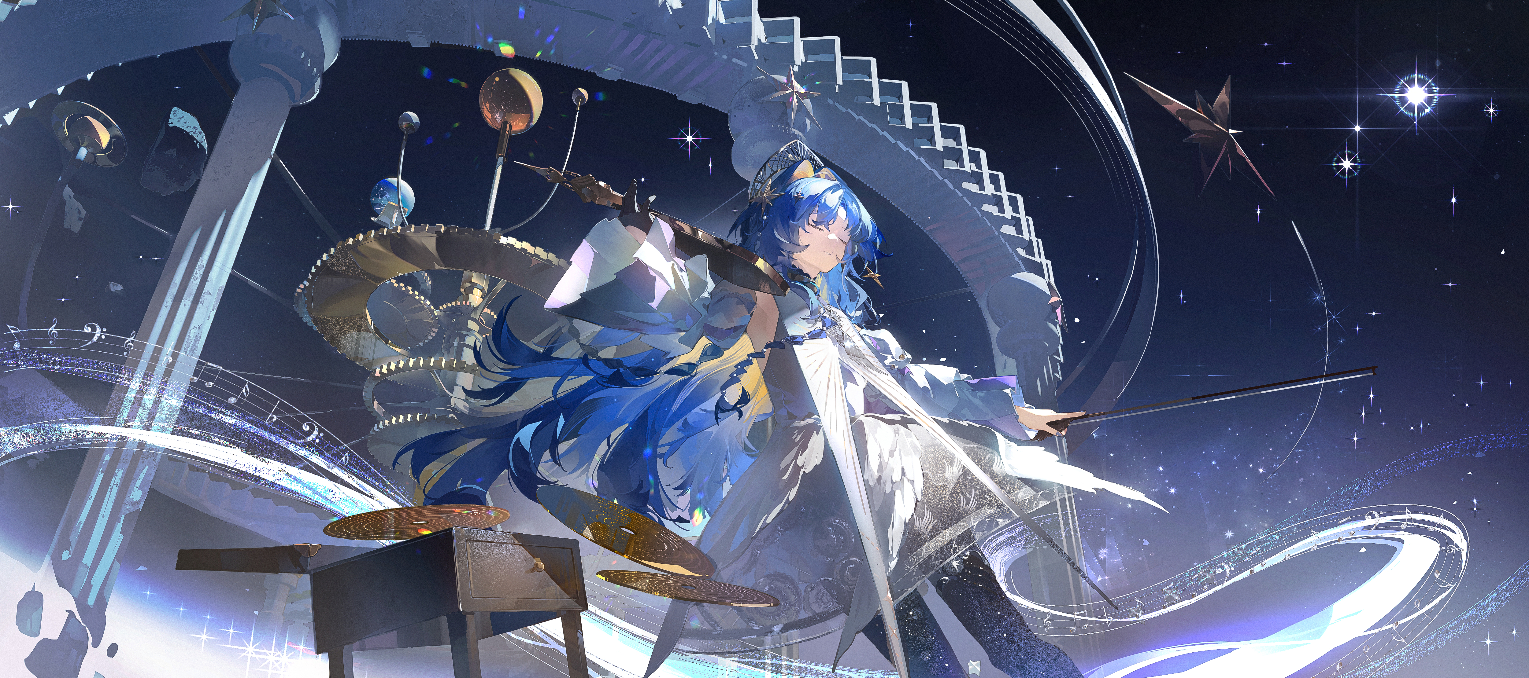 fuusen, voyager (choir of the stars) (reverse:1999), voyager (reverse:1999), reverse:1999, absurdres, chinese commentary, commentary request, highres, 1girl, bass clef, beamed eighth notes, black gloves, blue hair, bow (music), closed mouth, dress, eighth note, flat sign, gloves, gudok, hair intakes, hair ornament, holding, holding bow (music), kokoshnik, long hair, musical note, parted lips, sheet music, single glove, sixteenth note, solo, star (sky), star (symbol), star hair ornament, starry sky background, treble clef, very long hair, voyager golden record, white dress, wide sleeves