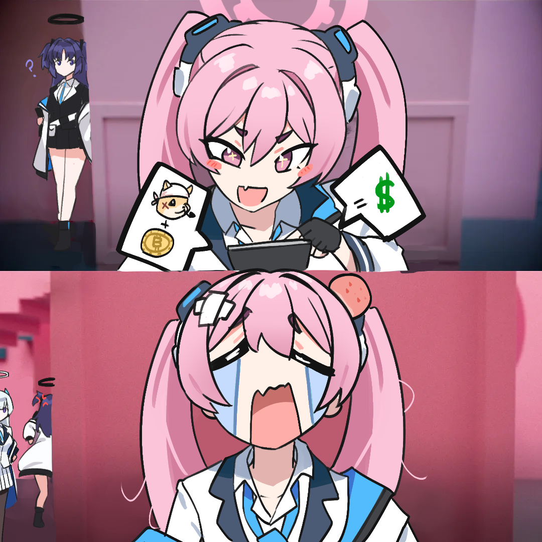 gabang, koyuki (blue archive), noa (blue archive), yuuka (blue archive), blue archive, 3girls, black jacket, black skirt, blue necktie, full body, halo, jacket, multiple girls, necktie, pink eyes, pink hair, purple hair, shirt, skirt, tears, twintails, white hair, white jacket, white shirt, white skirt