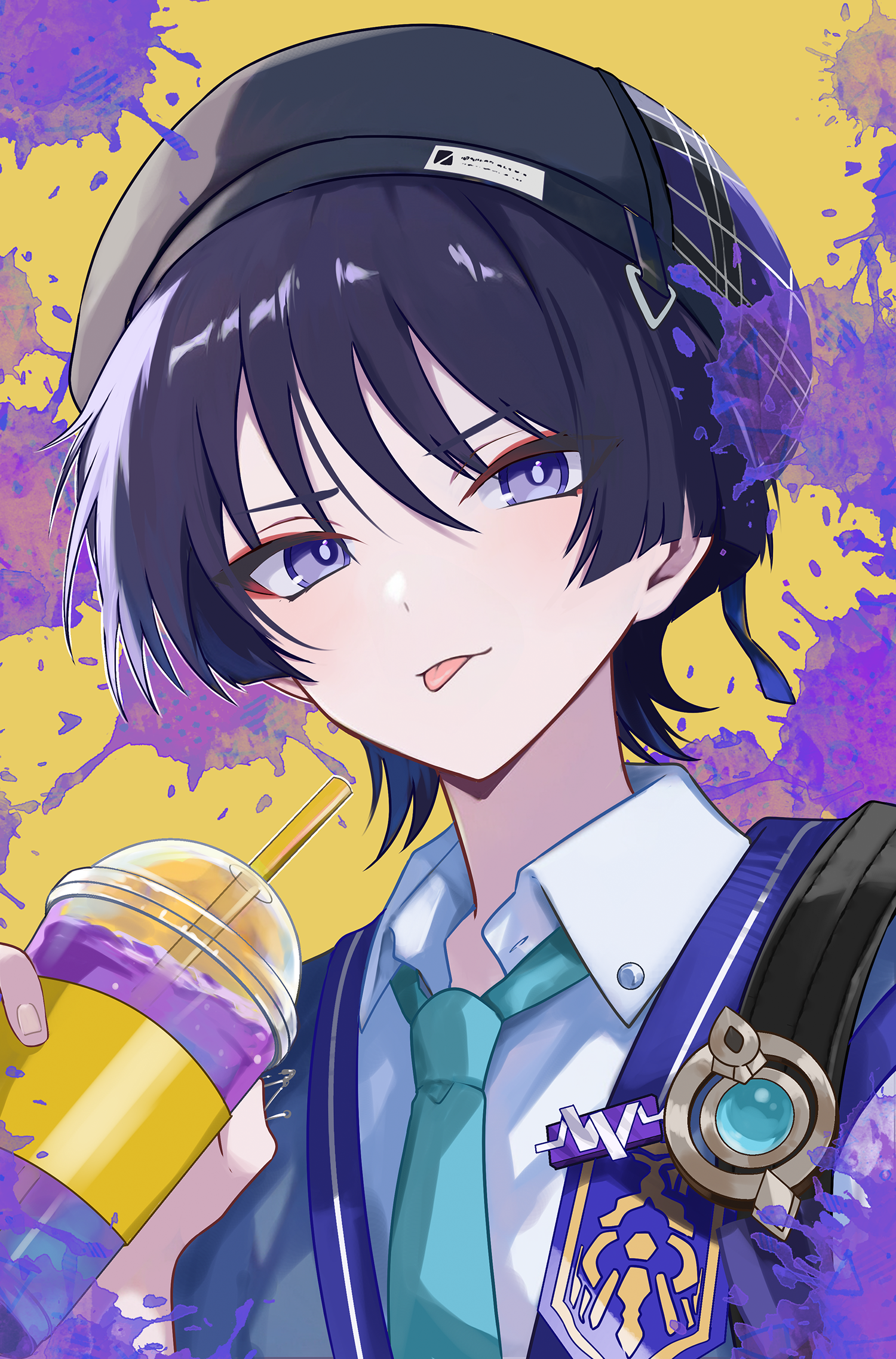 scaramouche (genshin impact), wanderer (genshin impact), wanderer (mega mgc coffee) (genshin impact), genshin impact, commentary request, highres, revision, 1boy, aqua necktie, beret, black hair, blunt ends, buttons, coffee, collared shirt, cup, disposable cup, drinking straw, emblem, eyebrows hidden by hair, eyeliner, eyeshadow, hat, holding, holding cup, iced coffee, looking at viewer, makeup, male focus, necktie, paint splatter, purple eyes, red eyeliner, red eyeshadow, riku (rrr gns), shirt, smile, solo, tongue, tongue out, vision (genshin impact), white shirt, yellow background