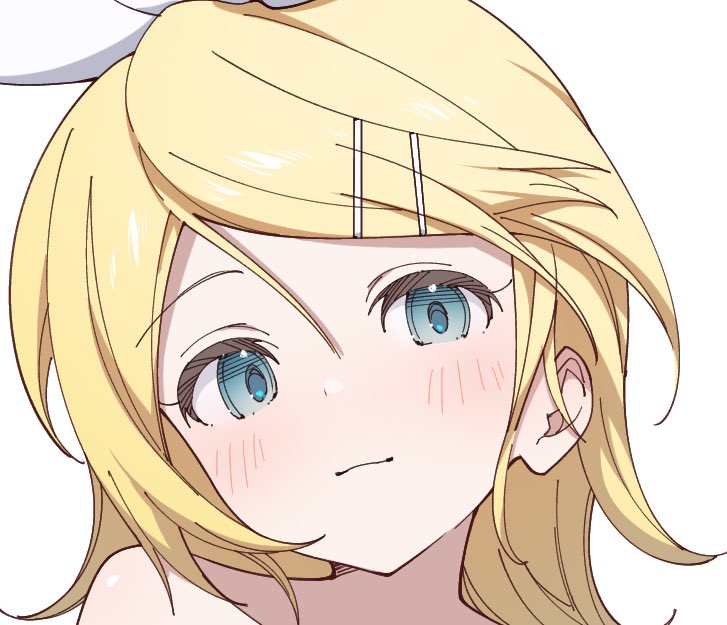 rakugaki ningen, kagamine rin, vocaloid, 1girl, blonde hair, closed mouth, dot nose, hair between eyes, hair ornament, hairclip, looking at viewer, nude, parallel hairclips, portrait, simple background, solo, white background