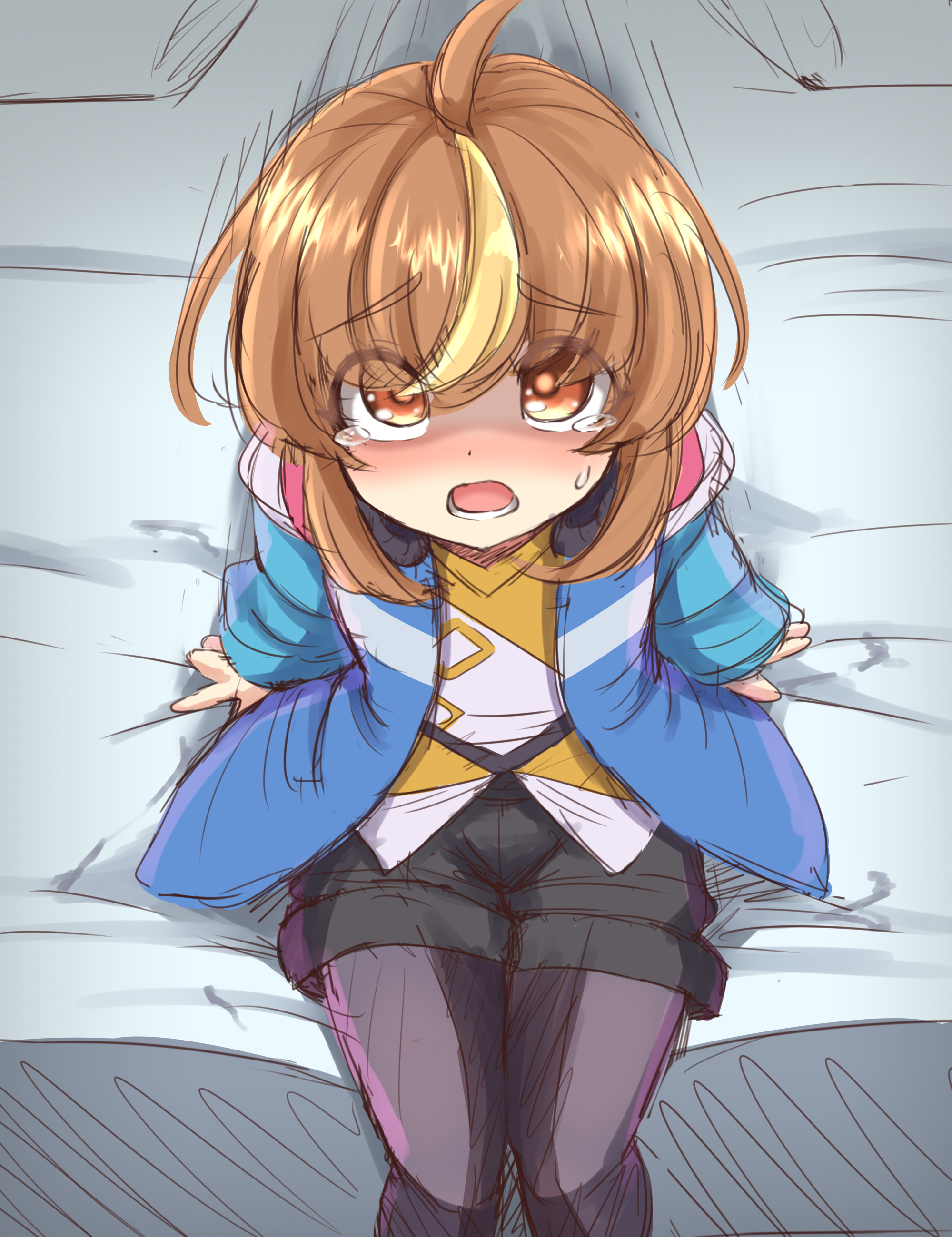 harimao (hanzou uji), shiron (gunvolt), azure striker gunvolt, azure striker gunvolt 3, absurdres, highres, 1boy, ahoge, blue jacket, blush, brown eyes, brown hair, jacket, pantyhose, sitting, solo, tears
