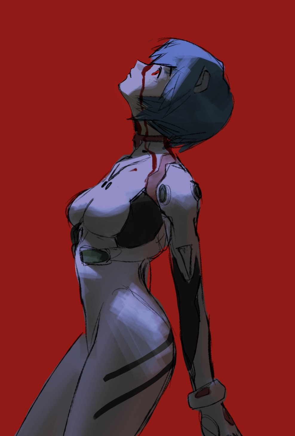 tinaren15, ayanami rei, neon genesis evangelion, highres, 1girl, blood, blood drip, blood on face, blood on neck, blue hair, bodysuit, breasts, closed mouth, cowboy shot, expressionless, from side, hair between eyes, hairpods, looking up, mecha pilot suit, plugsuit (evangelion), red background, red eyes, short hair, simple background, sketch, solo, white bodysuit