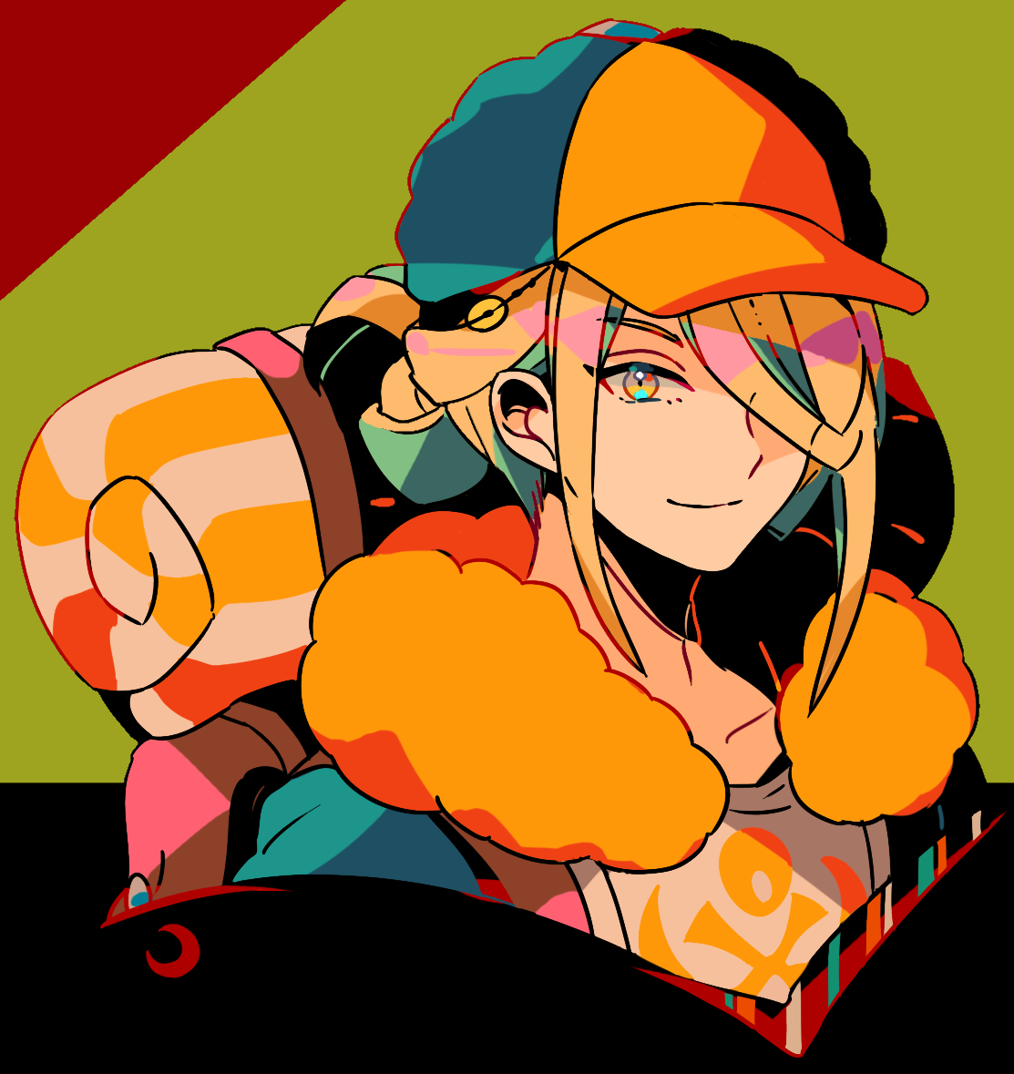 mizuki tsukimori, volo (pokemon), nintendo, pokemon, pokemon legends: arceus, 1boy, backpack, bag, baseball cap, blonde hair, closed mouth, collarbone, cropped torso, hair bun, hair over one eye, hat, looking ahead, looking at viewer, male focus, shirt, smile, solo
