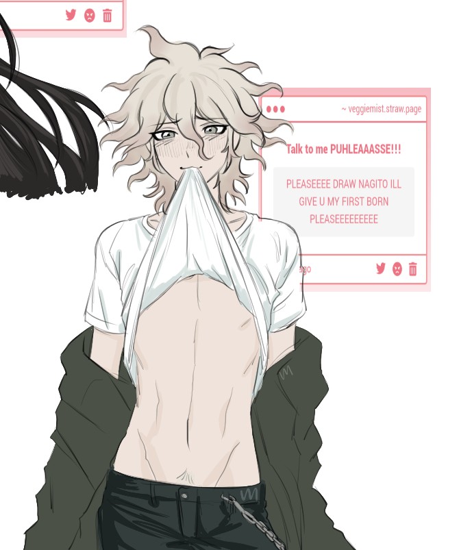 veggiemist, komaeda nagito, danganronpa (series), danganronpa 2: goodbye despair, 1boy, black pants, blush, clothes in mouth, clothes lift, collarbone, cowboy shot, english text, green jacket, grey eyes, grey hair, hair between eyes, jacket, long sleeves, male focus, medium hair, mouth hold, navel, pants, request inset, shirt, shirt in mouth, shirt lift, simple background, smile, solo, stomach, white background, white shirt