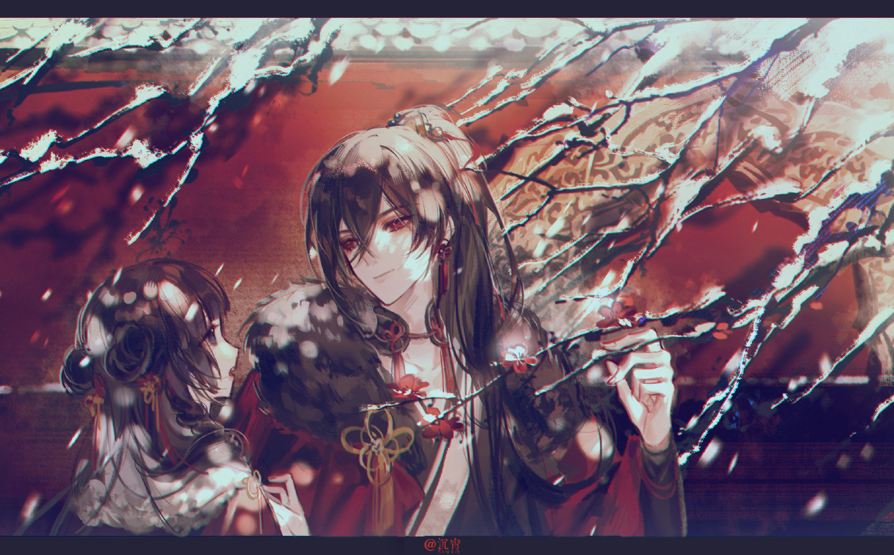 sinko123, ayn alwyn, heroine (lovebrush chronicles), lovebrush chronicles, chinese commentary, highres, 1boy, 1girl, :o, architecture, artist name, black border, black collar, black hair, black robe, blunt bangs, border, branch, chinese clothes, cloak, closed mouth, collar, collarbone, dappled sunlight, double bun, earrings, east asian architecture, eye contact, flower, flower earrings, flower knot, fur-trimmed cloak, fur trim, hair between eyes, hair bun, hair ribbon, hanfu, height difference, high ponytail, holding, holding branch, jewelry, letterboxed, long hair, looking at another, looking to the side, neck tassel, open mouth, plum blossoms, ponytail, profile, purple eyes, red cloak, red eyes, red flower, red ribbon, ribbon, robe, smile, snow, snowing, sunlight, tassel, tassel earrings, tree, upper body