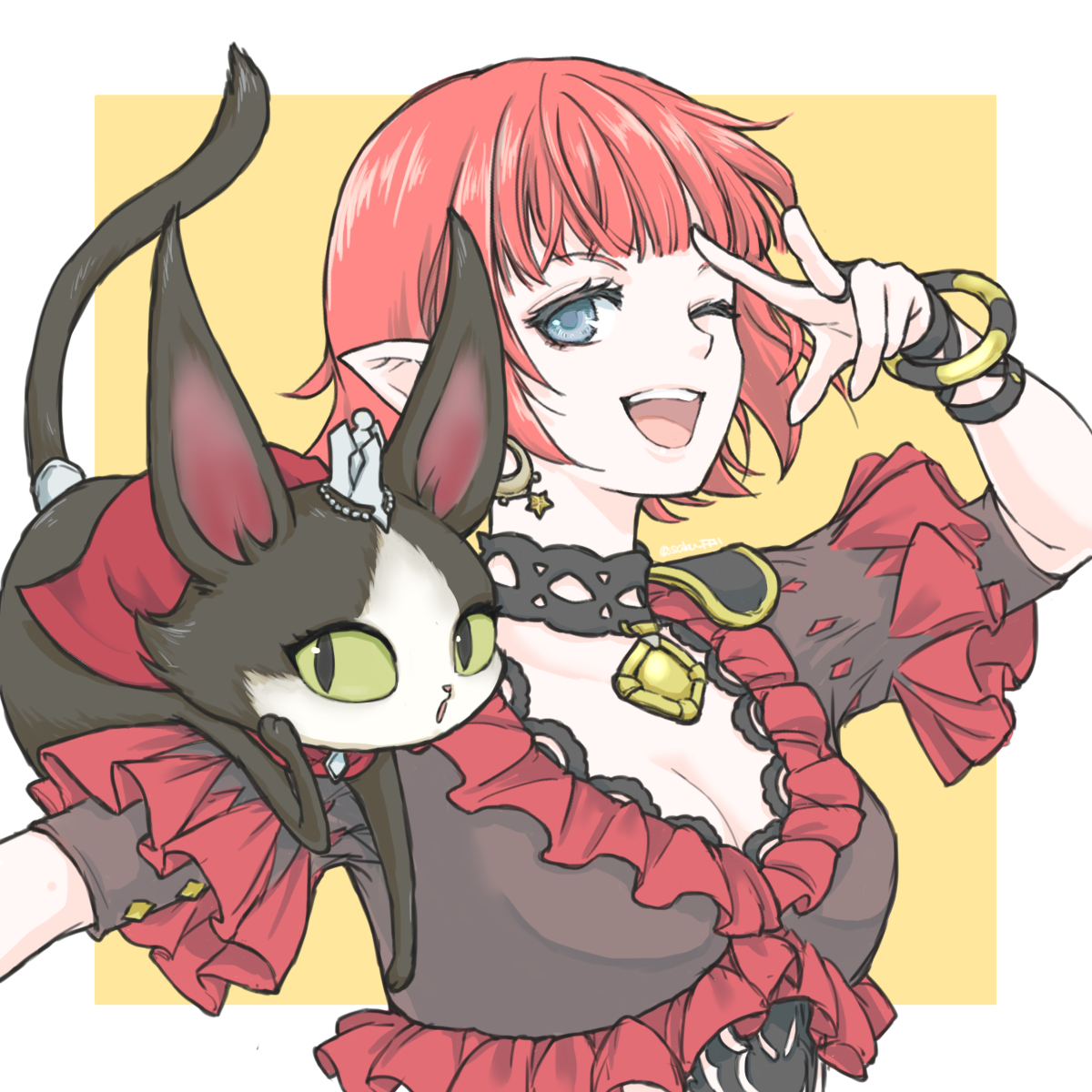 saku ff11, cait sith (final fantasy), elvaan, lilisette, final fantasy, final fantasy xi, commentary request, highres, 1girl, :d, :o, animal, animal on shoulder, breasts, cat, cleavage, earrings, elf, hume, jewelry, looking at viewer, medium breasts, one eye closed, open mouth, pointy ears, red hair, short hair, short sleeves, smile, solo, teeth, upper body, upper teeth only, w