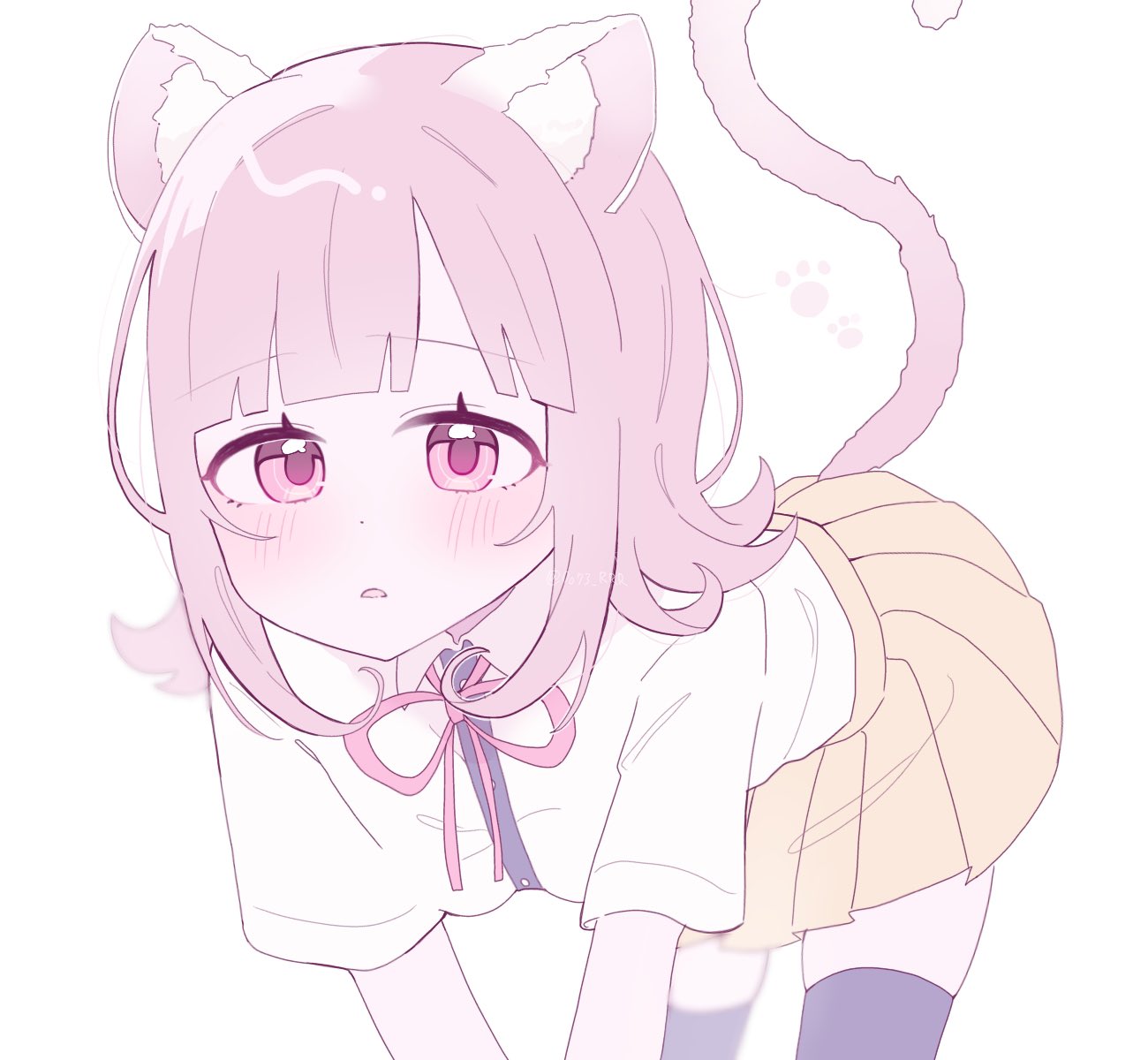 rrr (0o73 rrr), nanami chiaki, danganronpa (series), danganronpa 2: goodbye despair, highres, 1girl, :o, all fours, animal ears, black thighhighs, blush, brown hair, brown skirt, cat ears, cat girl, cat tail, flipped hair, medium hair, miniskirt, neck ribbon, no jacket, pink eyes, pink ribbon, ribbon, shirt, simple background, skirt, solo, tail, thighhighs, two-tone shirt, white background, white shirt