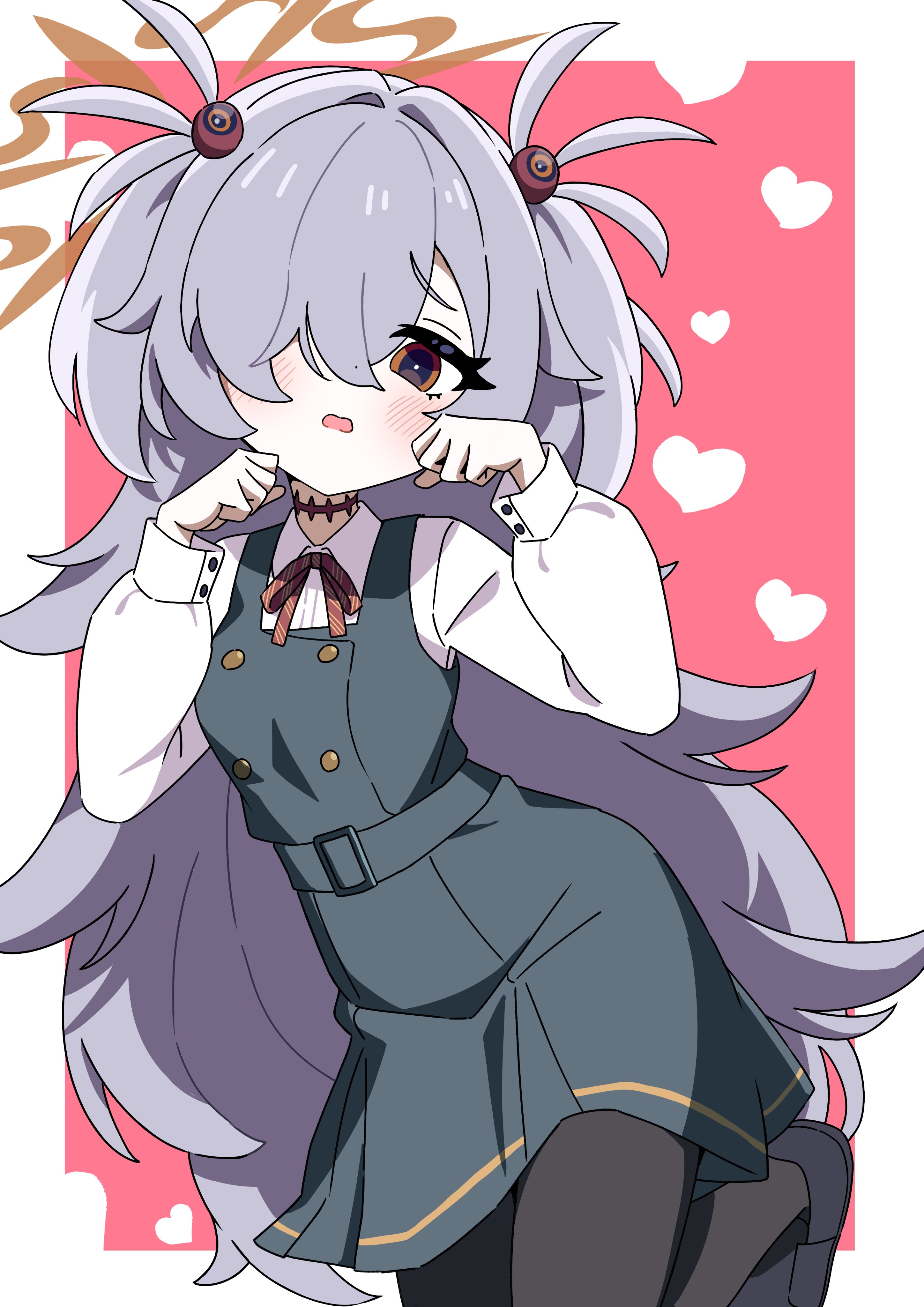todeu (cool8254), kanoe (blue archive), blue archive, absurdres, highres, 1girl, black pantyhose, brown eyes, brown halo, grey skirt, grey vest, hair over one eye, halo, looking at viewer, one eye covered, pantyhose, pink background, purple hair, red ribbon, ribbon, shirt, skirt, solo, two-tone background, vest, white background, white shirt