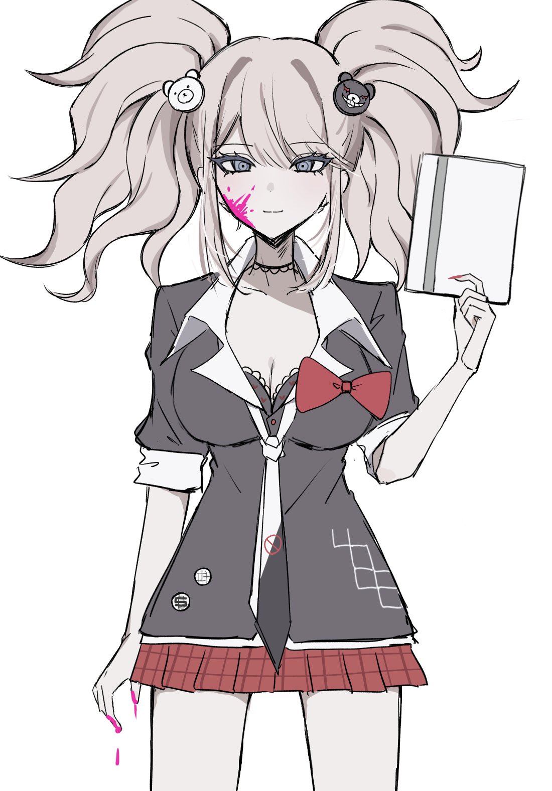 nene (n ene), enoshima junko, danganronpa: trigger happy havoc, danganronpa (series), highres, 1girl, bear hair ornament, black shirt, blonde hair, blood, blue eyes, bow, breasts, choker, cleavage, collarbone, cowboy shot, hair ornament, hand up, holding, large breasts, long hair, looking at viewer, nail polish, necktie, pink blood, red bow, red nails, shirt, simple background, skirt, smile, solo, twintails