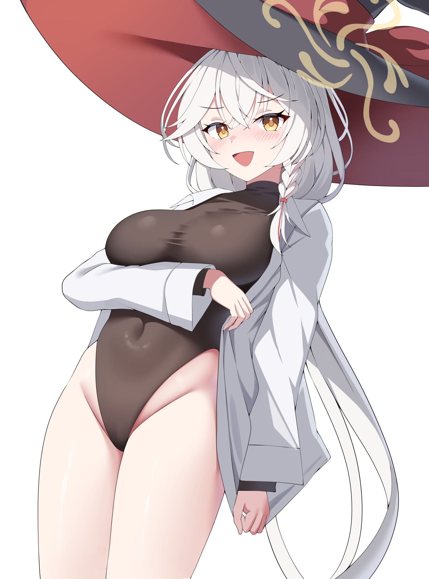 sob (submar1089), eri (blue archive), blue archive, commentary request, highres, 1girl, arm under breasts, black hat, black leotard, blush, braid, braided sidelock, breasts, brown halo, covered navel, crossed bangs, hair between eyes, halo, hat, heattech leotard, highleg, highleg leotard, jacket, large breasts, leotard, long hair, long sleeves, looking at viewer, open clothes, open jacket, open mouth, simple background, single braid, smile, solo, thighs, tilted halo, turtleneck, white background, white hair, white jacket, witch hat