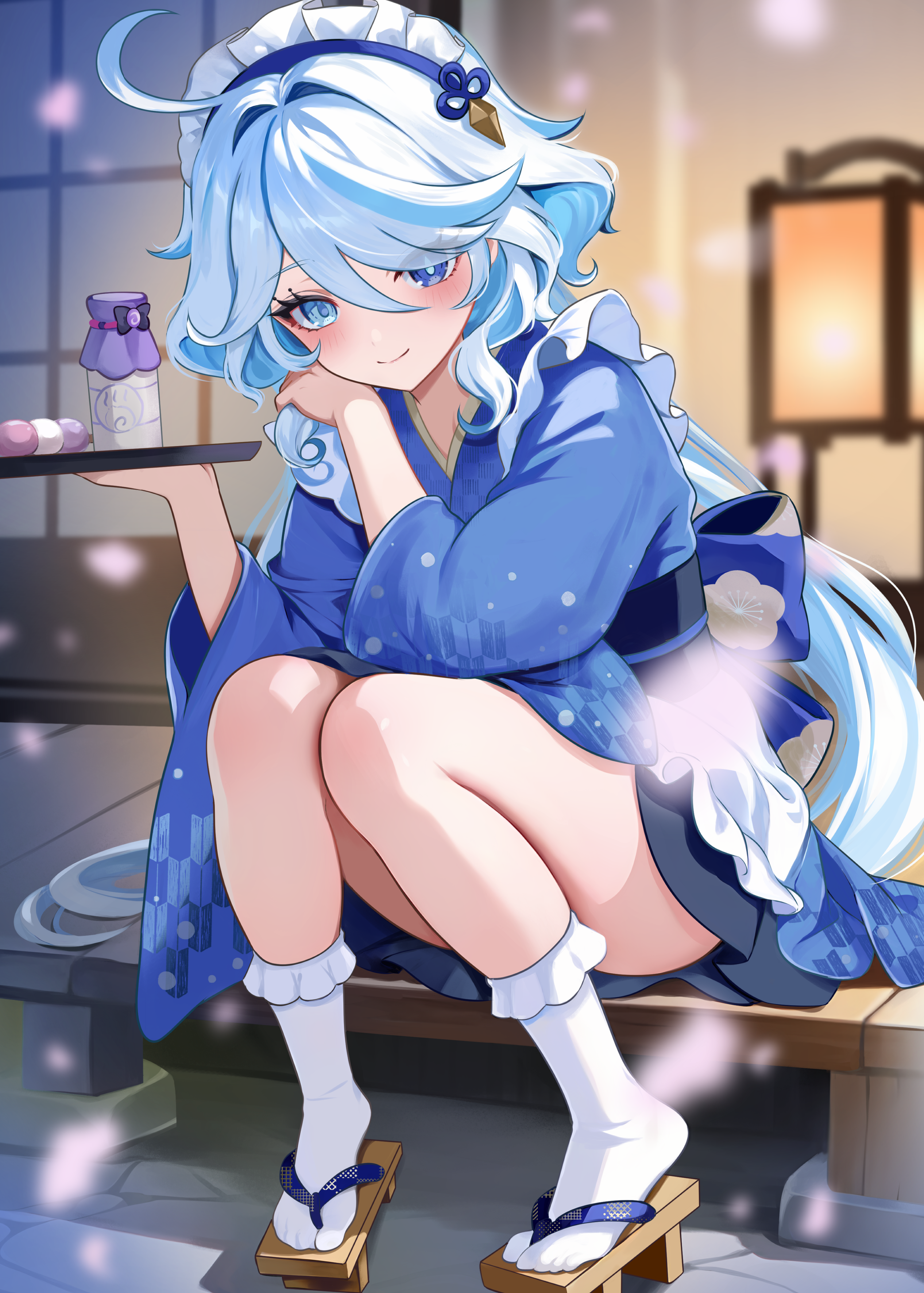 furina (genshin impact), genshin impact, absurdres, commentary request, highres, 1girl, ahoge, alternate costume, apron, blue eyes, blue hair, blue kimono, blush, dango, double-parted bangs, food, frilled apron, frills, full body, geta, hair between eyes, hair intakes, heterochromia, holding, holding tray, japanese clothes, kimono, kimono skirt, long hair, looking at viewer, maid headdress, riku (rrr gns), sidelocks, sitting, smile, socks, solo, tray, very long hair, wagashi, white apron, white socks