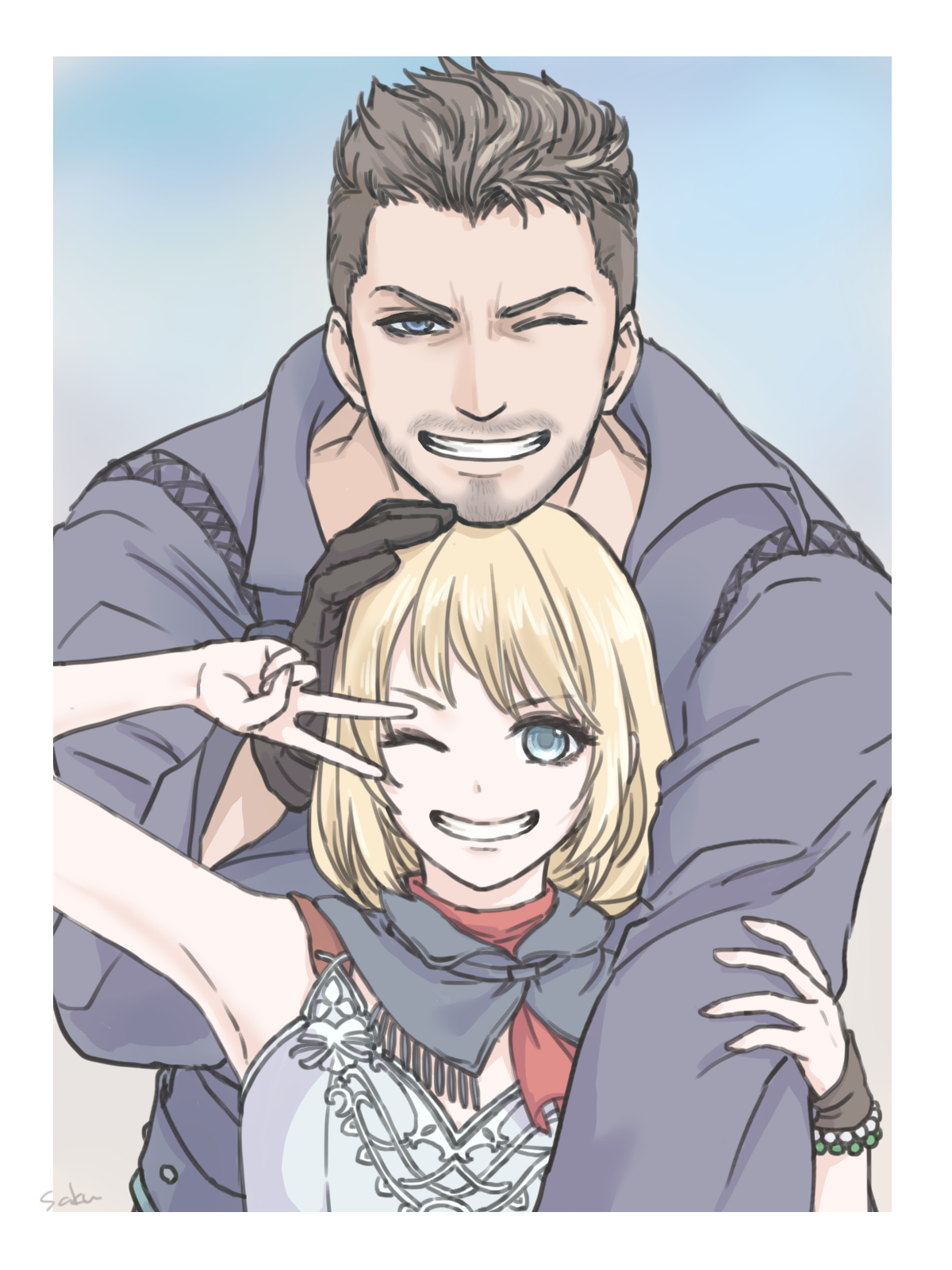 saku ff11, cidolfus telamon, midadol telamon, final fantasy, final fantasy xvi, commentary request, highres, 1boy, 1girl, bare shoulders, beard stubble, blonde hair, blue eyes, border, brown gloves, brown hair, facial hair, father and daughter, gloves, gradient background, grin, hand on another's arm, hand on another's head, looking at viewer, mustache stubble, one eye closed, short hair, sleeveless, smile, stubble, v, v over eye, white border