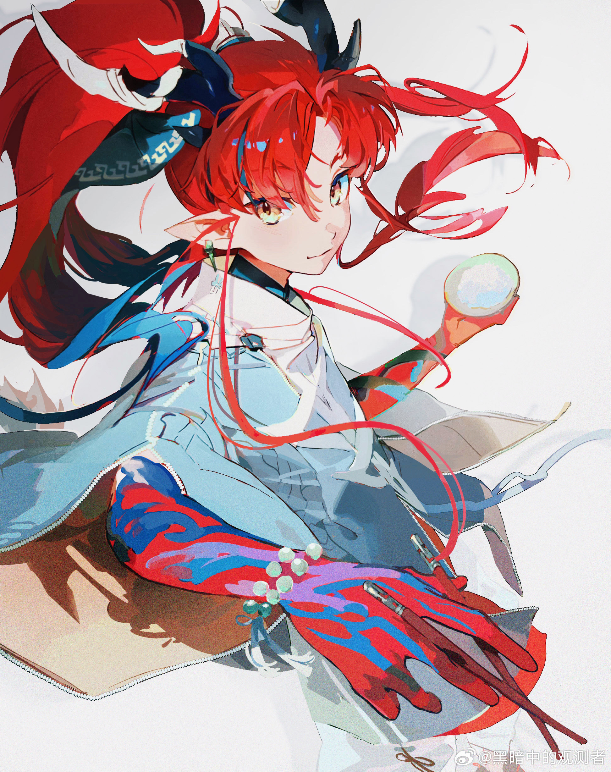luo29541090, yu (arknights), arknights, absurdres, chinese commentary, commentary request, highres, 1boy, beads, blue hair, chopsticks, closed mouth, colored extremities, drop shadow, earrings, grey background, grey jacket, hair between eyes, hair intakes, high ponytail, holding, holding chopsticks, horns, jacket, jewelry, light smile, long hair, looking at viewer, male focus, multicolored hair, pointy ears, ponytail, red hair, solo, streaked hair, watermark, weibo watermark, wide sleeves, yellow eyes, zipper