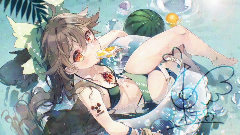 toutenkou, reiuji utsuho, touhou, 1girl, ahoge, alternate costume, barefoot, bikini, black wings, bow, breasts, brown hair, collarbone, crossed legs, feathered wings, food, food in mouth, fruit, green bikini, green bow, hair bow, halterneck, innertube, long hair, looking at viewer, medium breasts, navel, popsicle, popsicle in mouth, radiation symbol, red eyes, shoulder tattoo, signature, solo, swim ring, swimsuit, tattoo, thigh strap, third eye, twitter username, very long hair, water, watermark, watermelon, wet, wet hair, wings